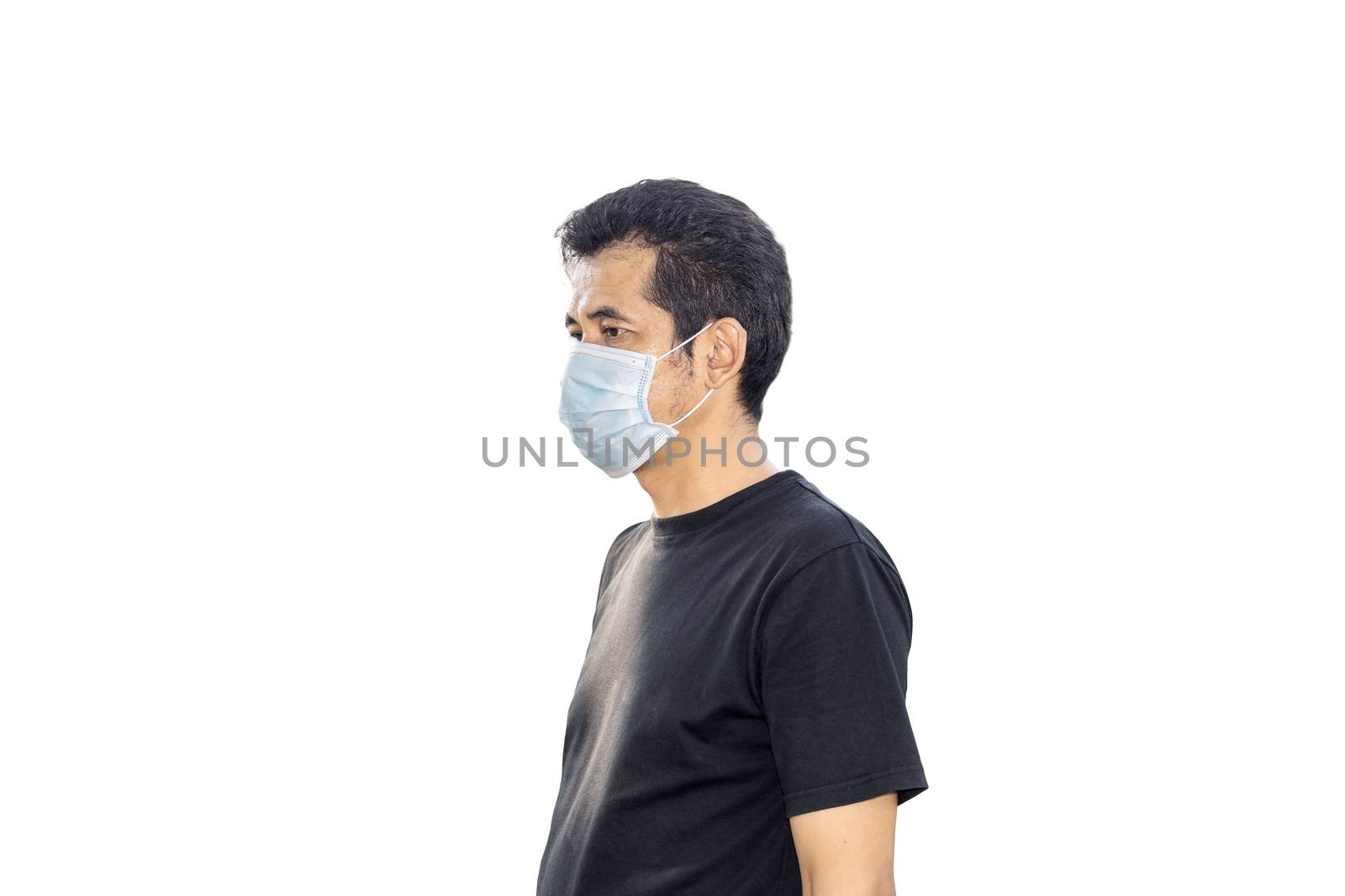 Asian men wear a mask to prevent infection and spread the virus isolated on white background.