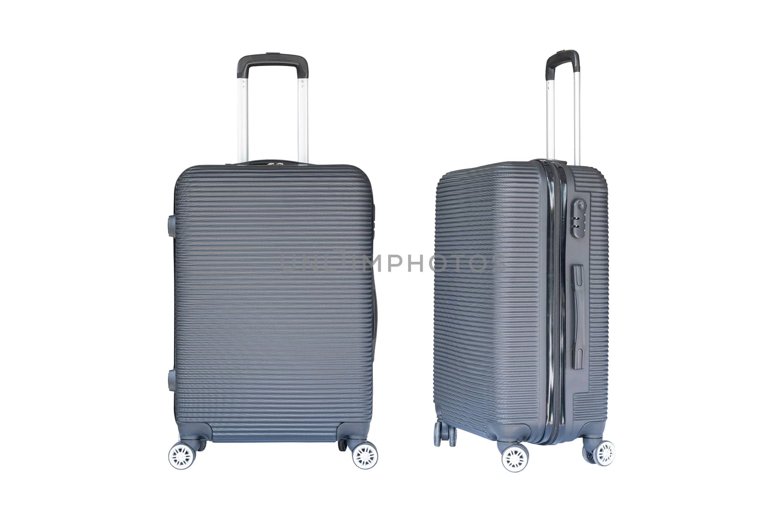 Beautiful gray color travel luggage front view and side view isolated on white background.