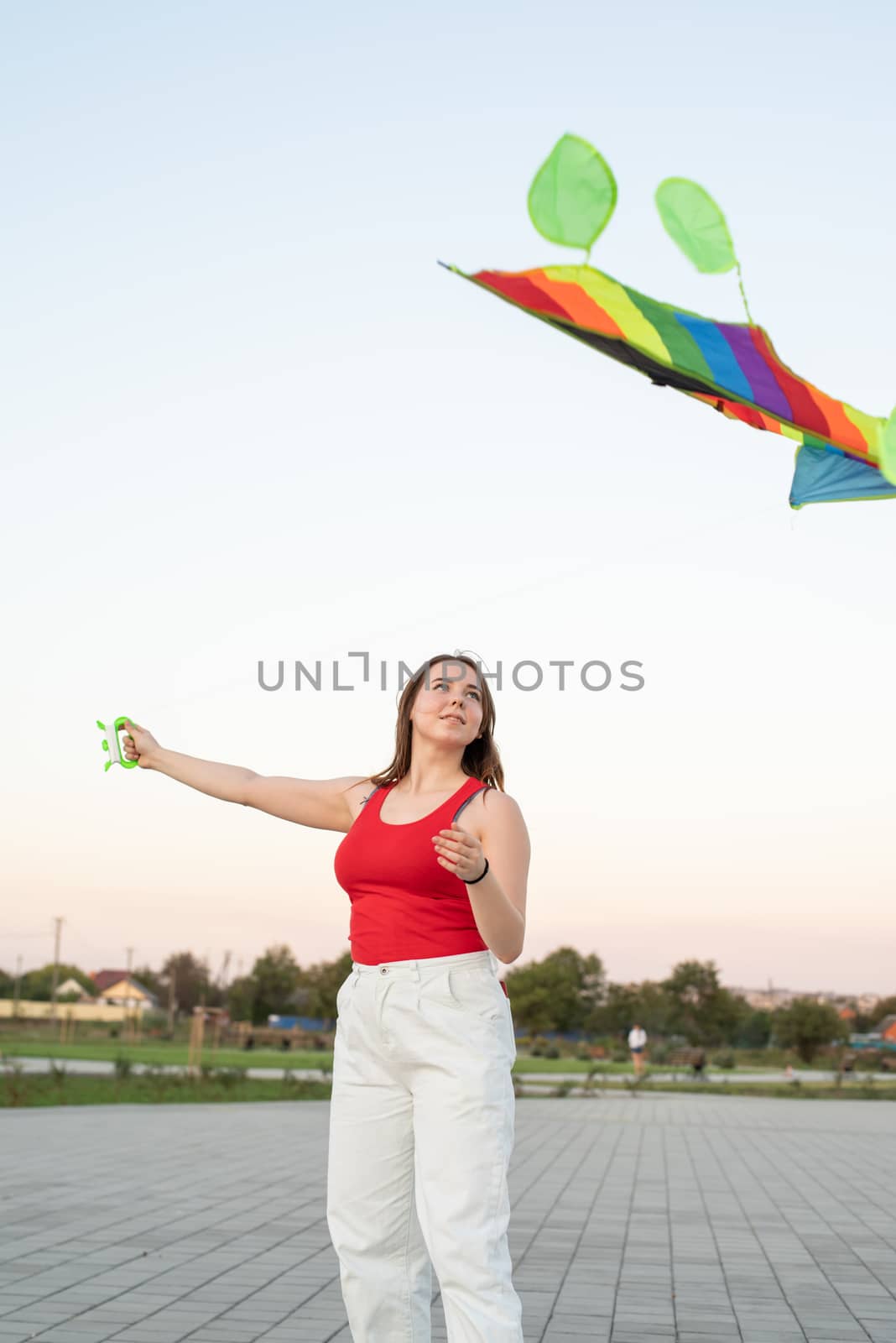 Active lifestyle. Happiness concept. Happy young woman running with a kite in a park at sunset