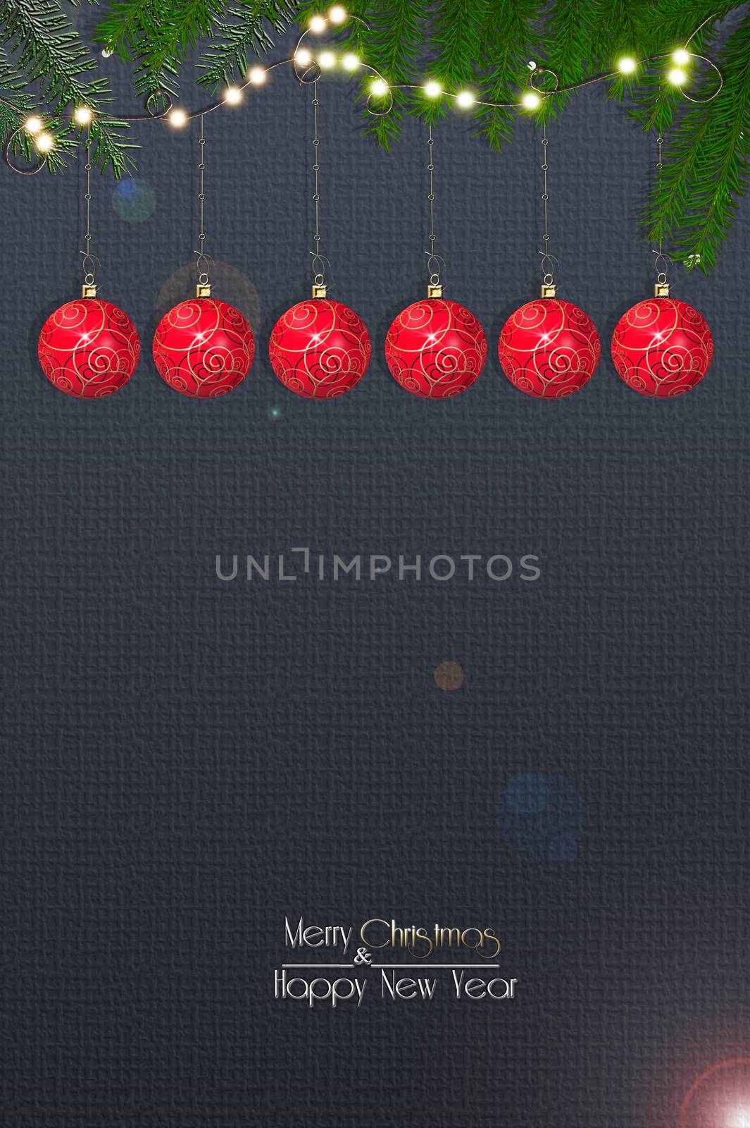 Christmas modern background. Red realistic baubles, fir branches, lights on dark blue background. Text Merry Christmas Happy New Year. Copy space, mockup. 3D illustration