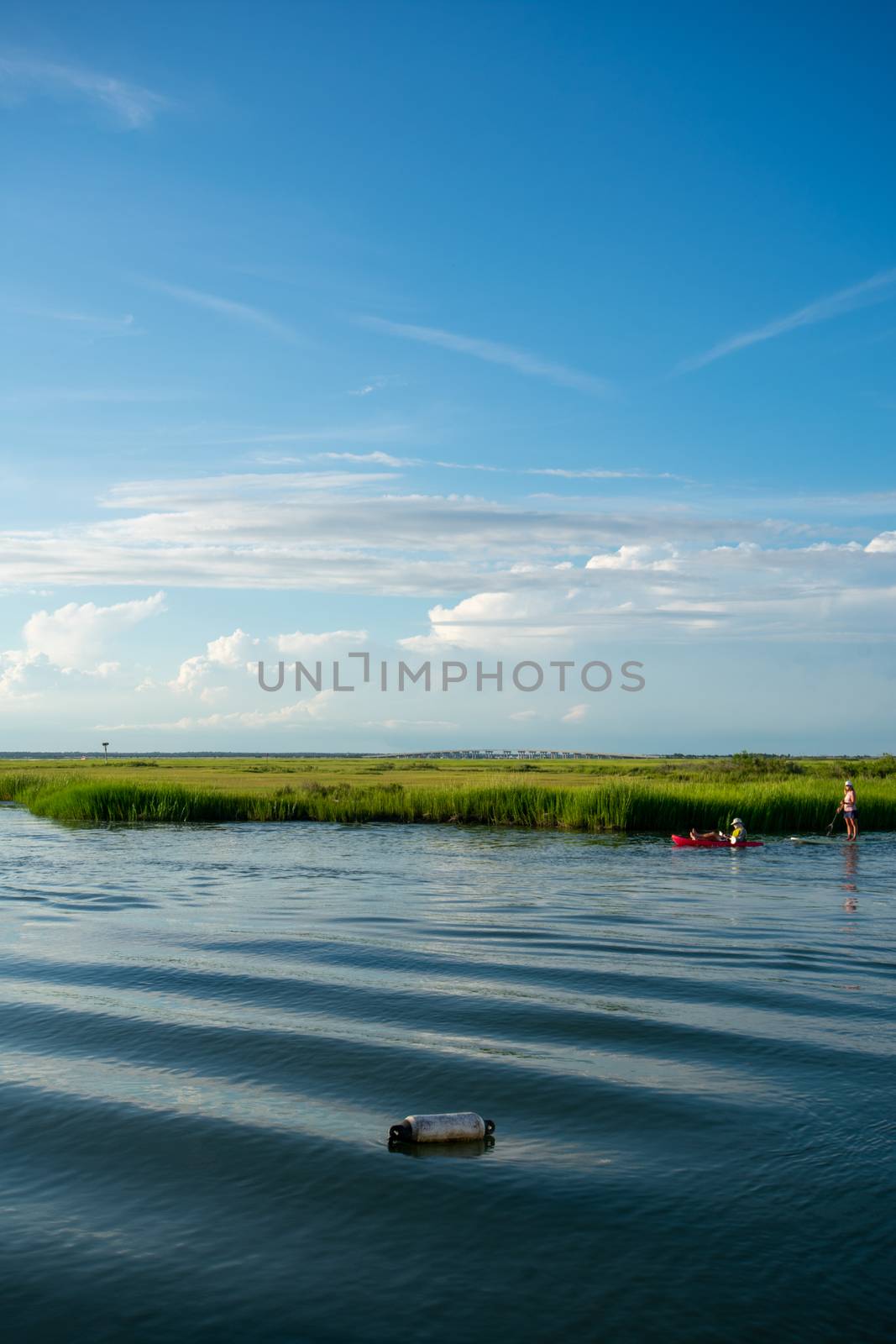 Women on a Kayak and a Canoe Slowly Riding Through the Bay With Gorgeous Greenery and a Clear Blue Sy Behind Them