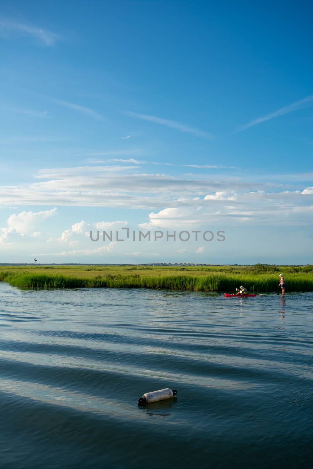 Women on a Kayak and a Canoe Slowly Riding Through the Bay With Gorgeous Greenery and a Clear Blue Sy Behind Them