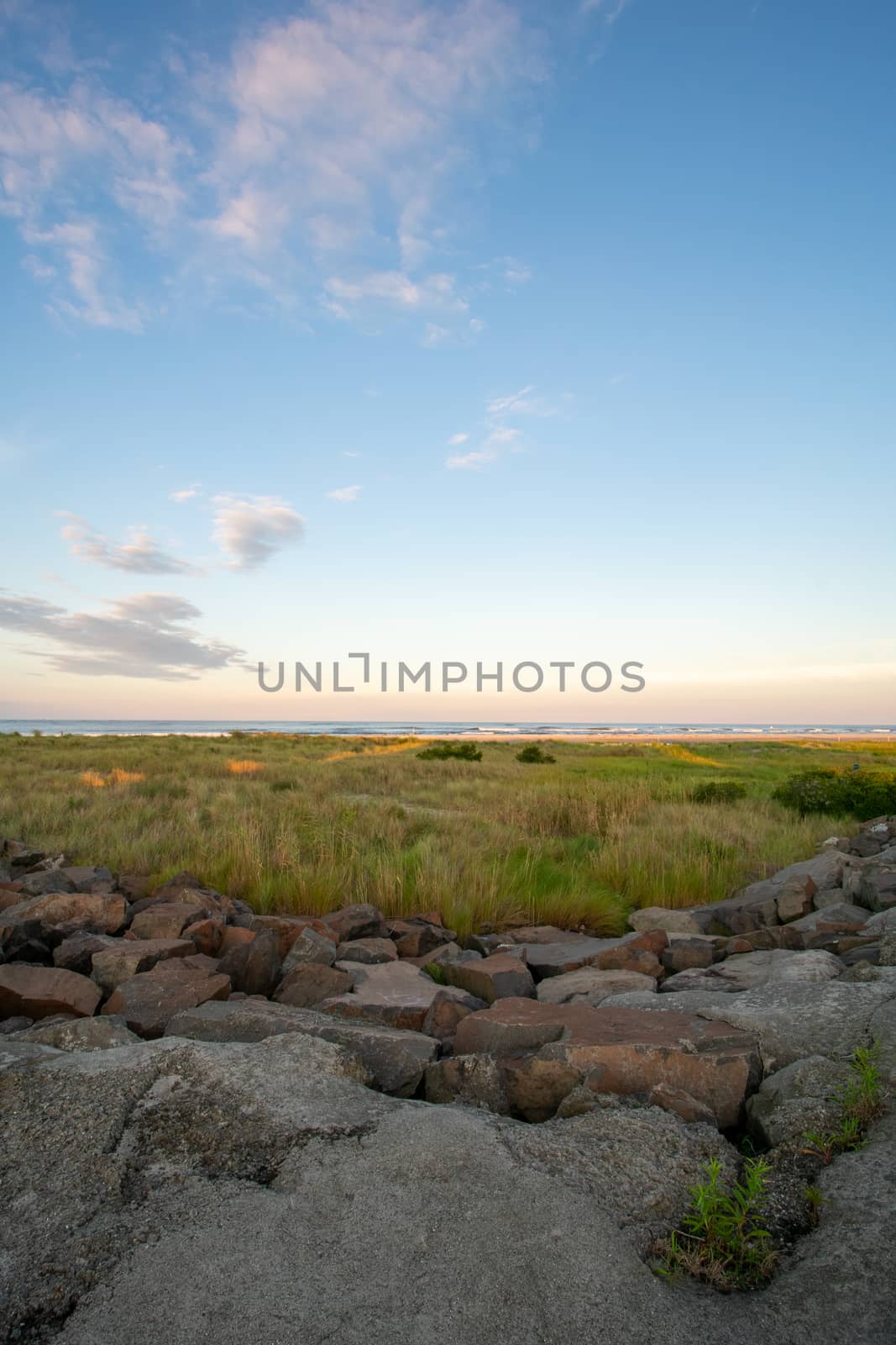 A Gorgeous View of Sand Dunes Covered in Plants With the Ocean a by bju12290