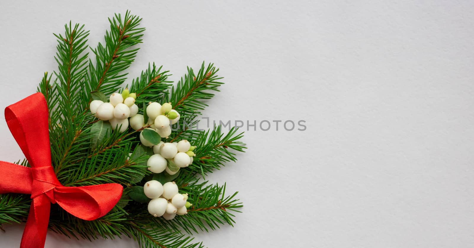 Christmas bouquet with fir branches, red bow and white dogwood berries on a white background . Christmas card. The theme of a winter holiday. Happy New Year.
