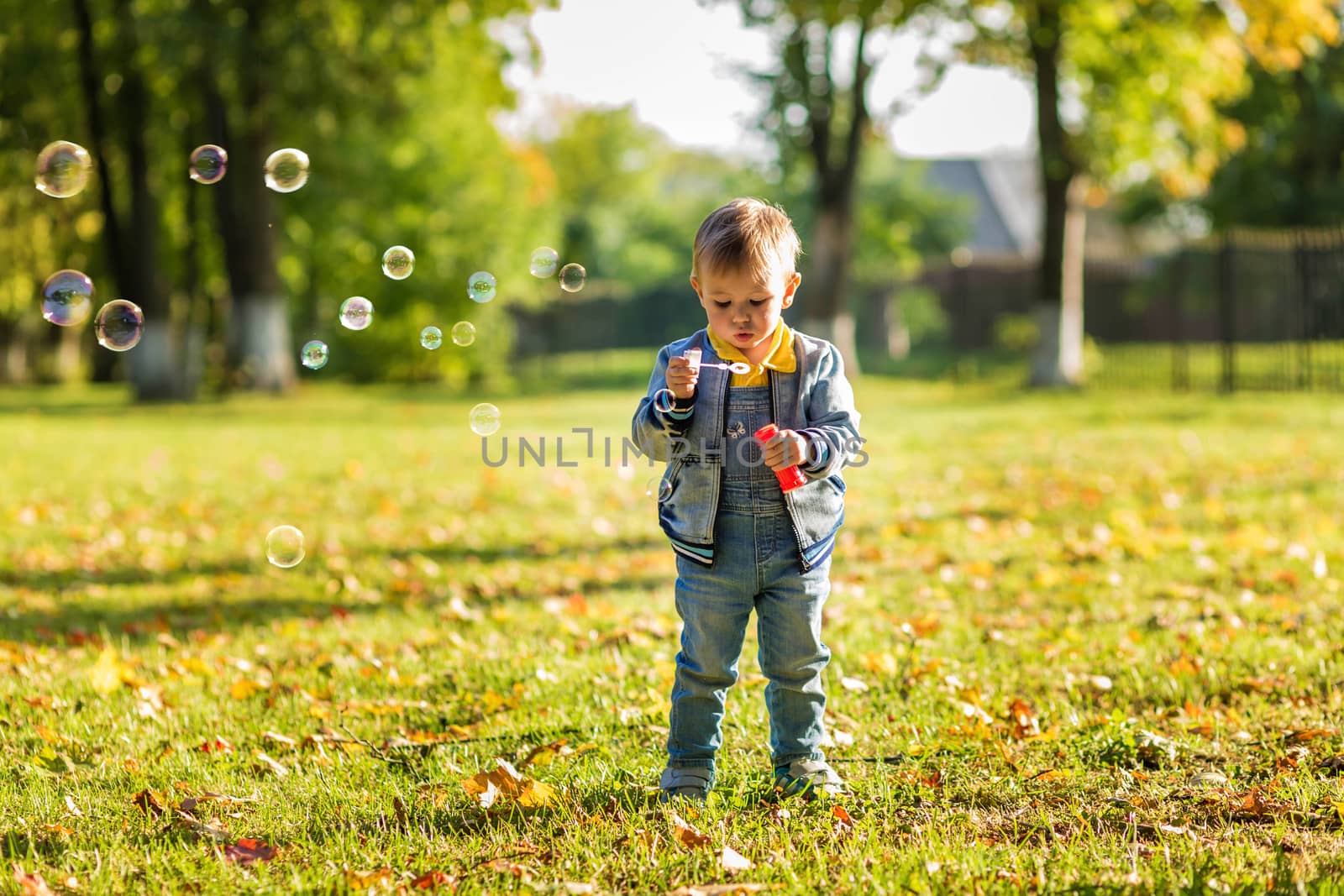 A little boy in denim clothes blows bubbles in the autumn park.