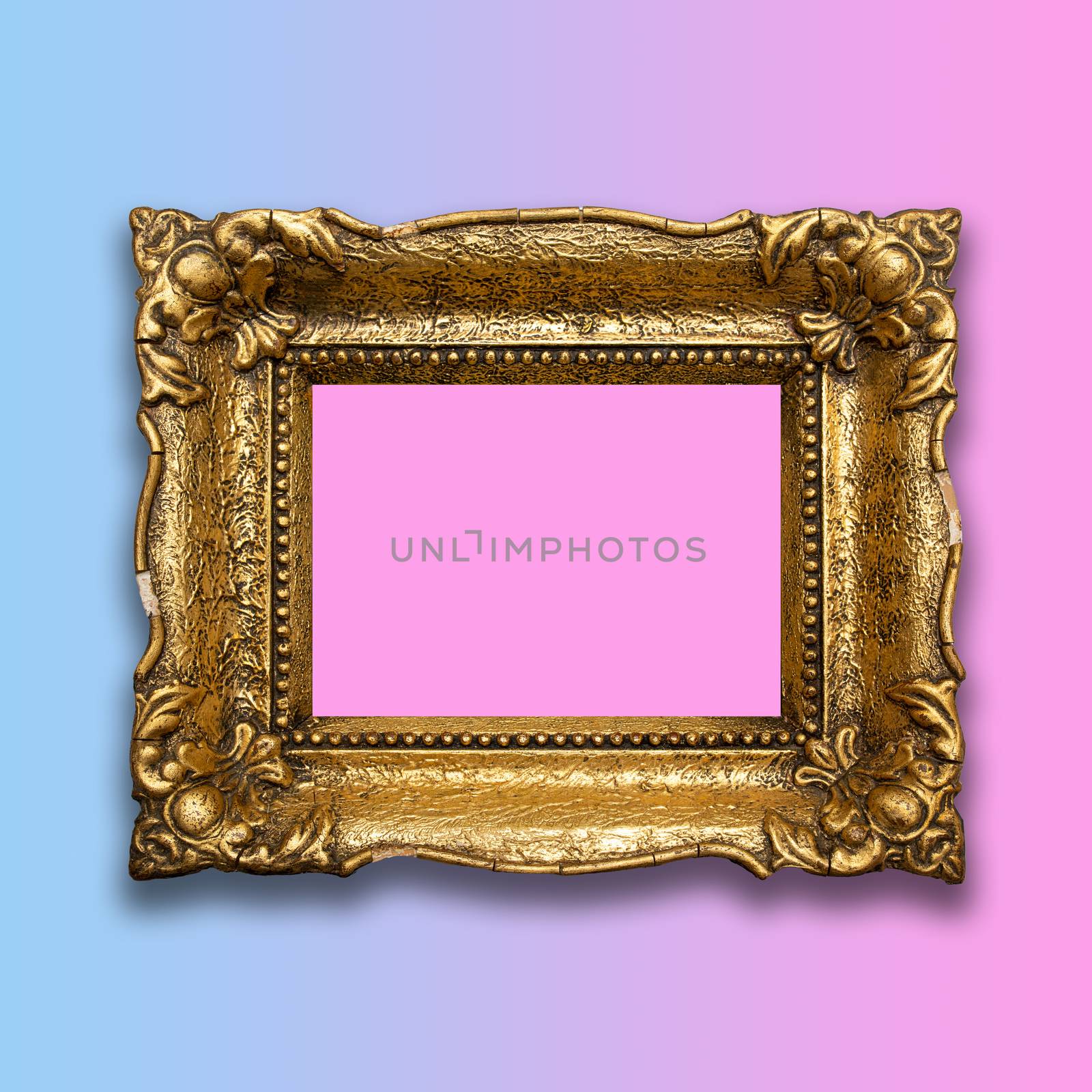 Retro Old Gold Frame On Blue Pink Background Stock Photo