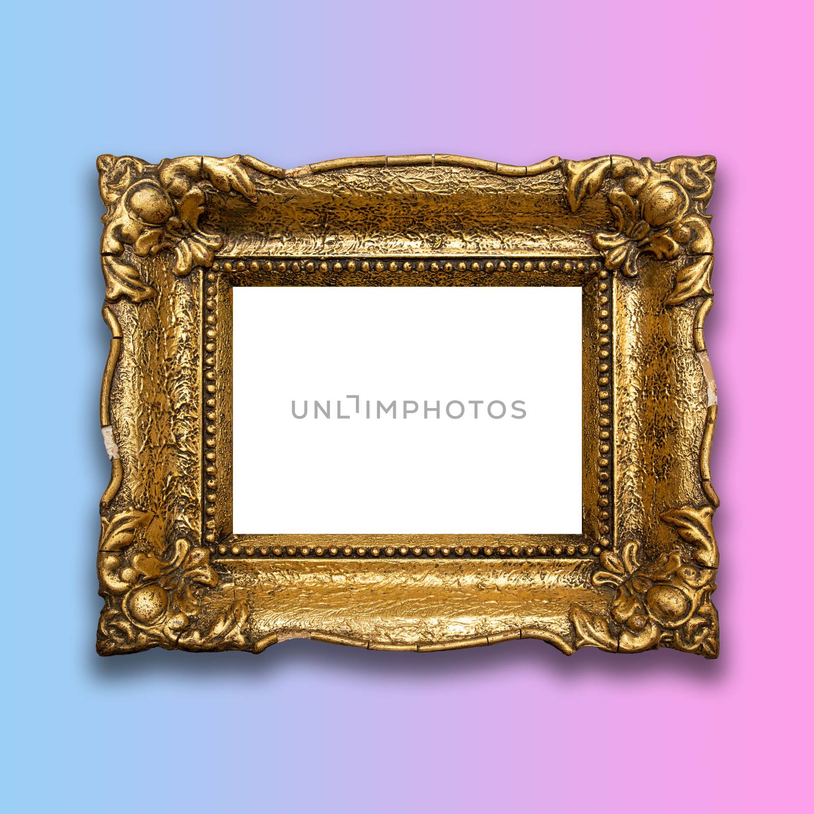 Retro Old Gold Frame On Blue Pink Background Stock Photo