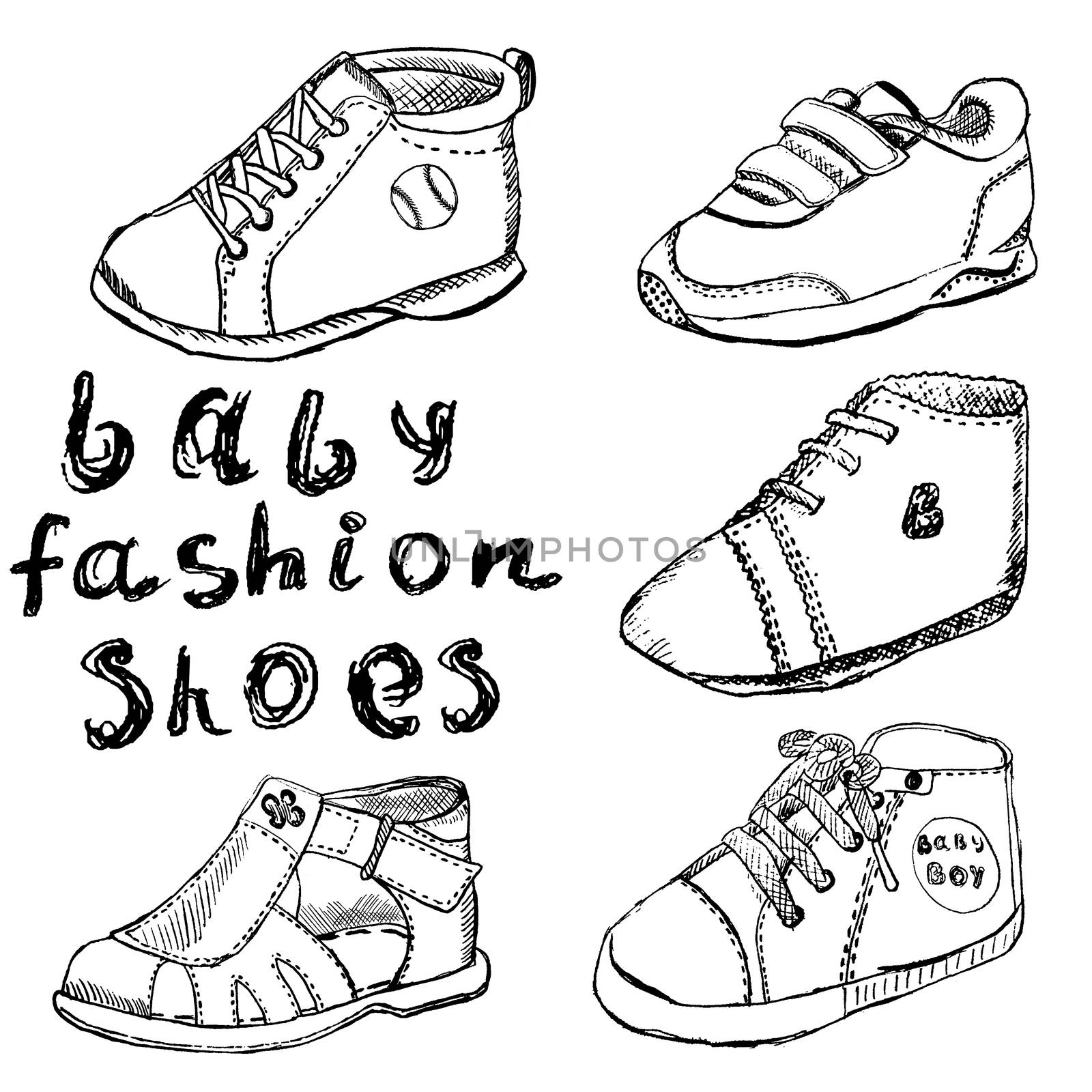 Baby fashion shoes set sketch handdrawn isolated on white background.