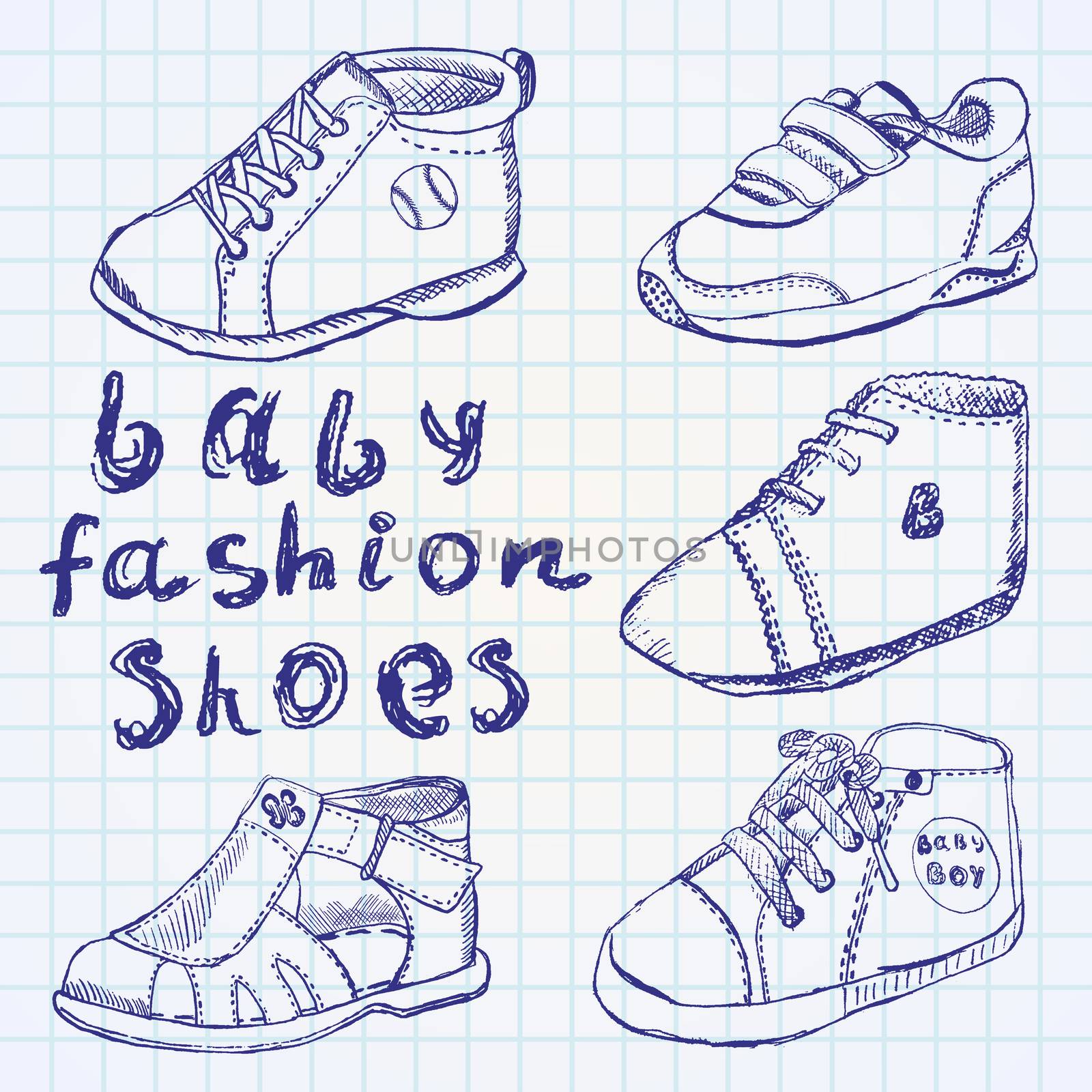 Baby fashion shoes set sketch handdrawn on notebook paper by Lemon_workshop