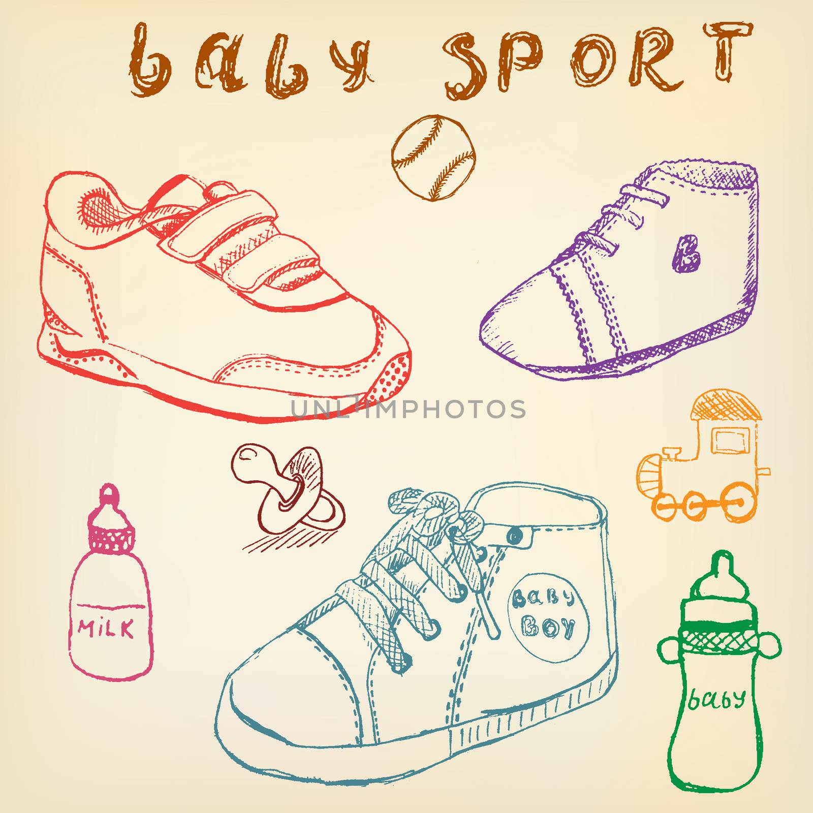 Baby shoes set sketch handdrawn color crayons outlined by Lemon_workshop