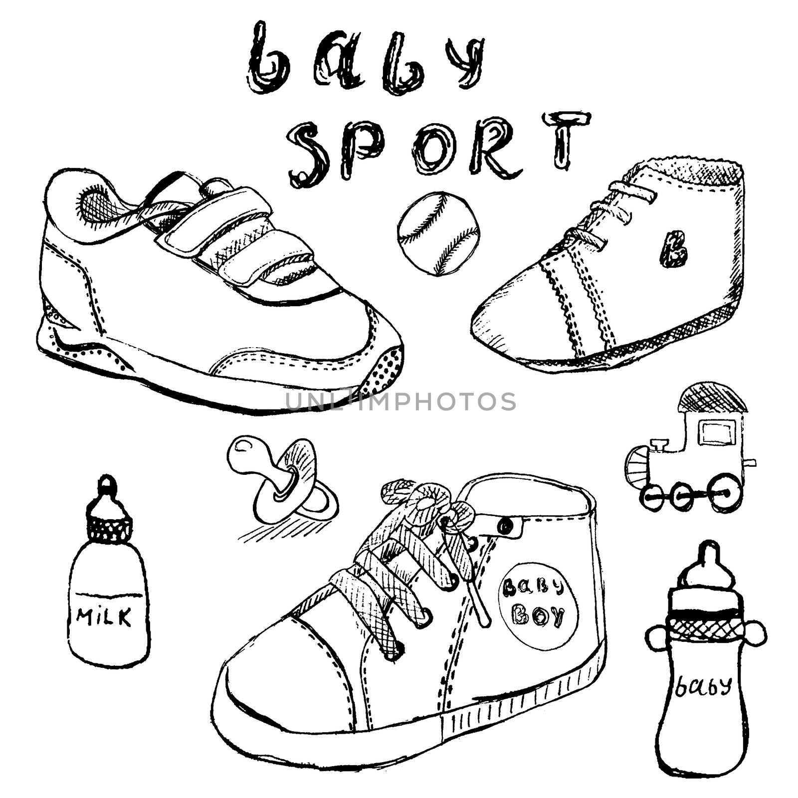 Baby shoes set sketch handdrawn isolated on white.