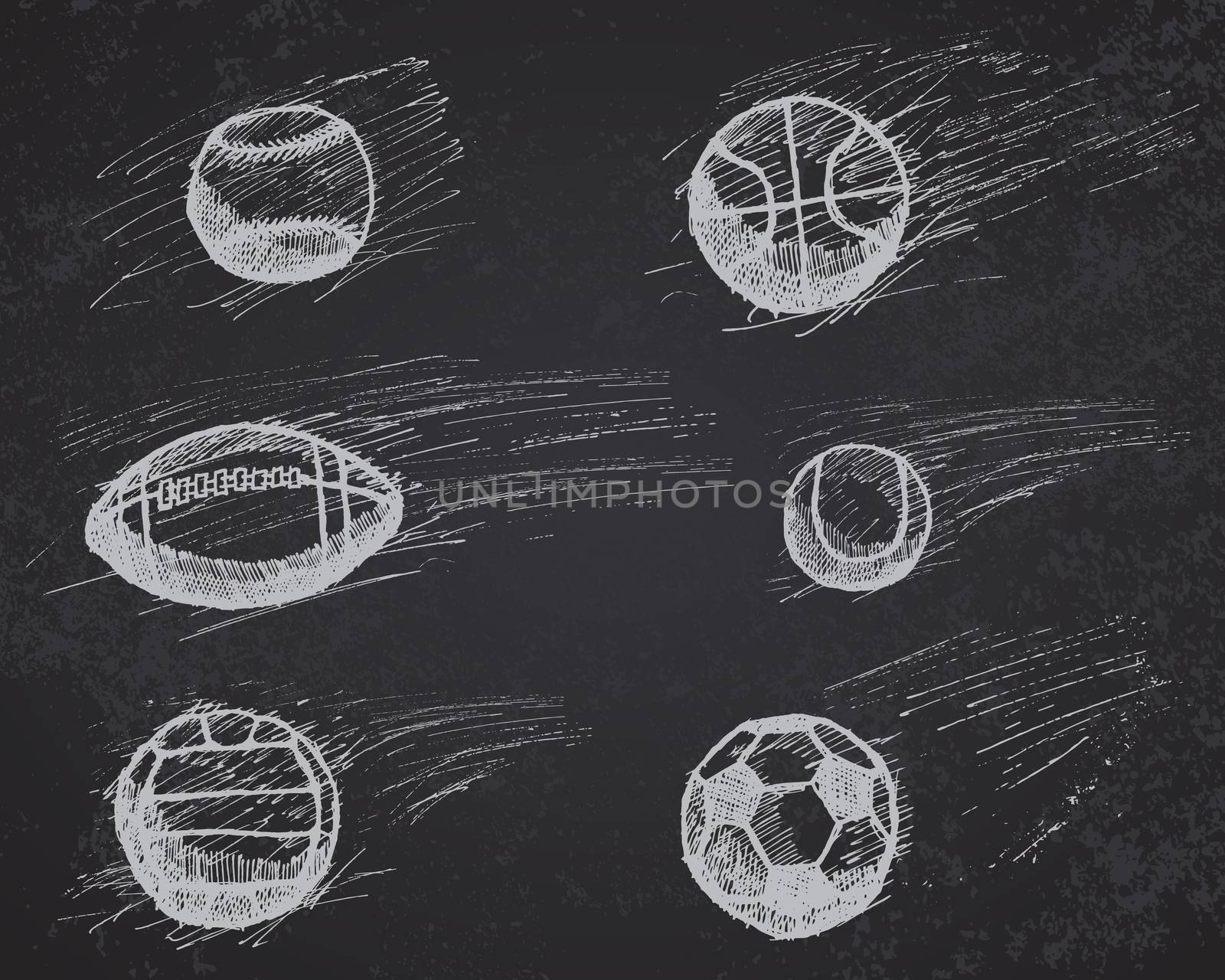 Ball sketch set with shadow and dynamic effect on blackboard.