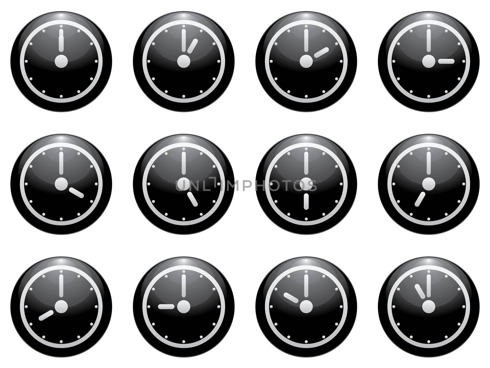 clock symbol set white on black isolated on white background.