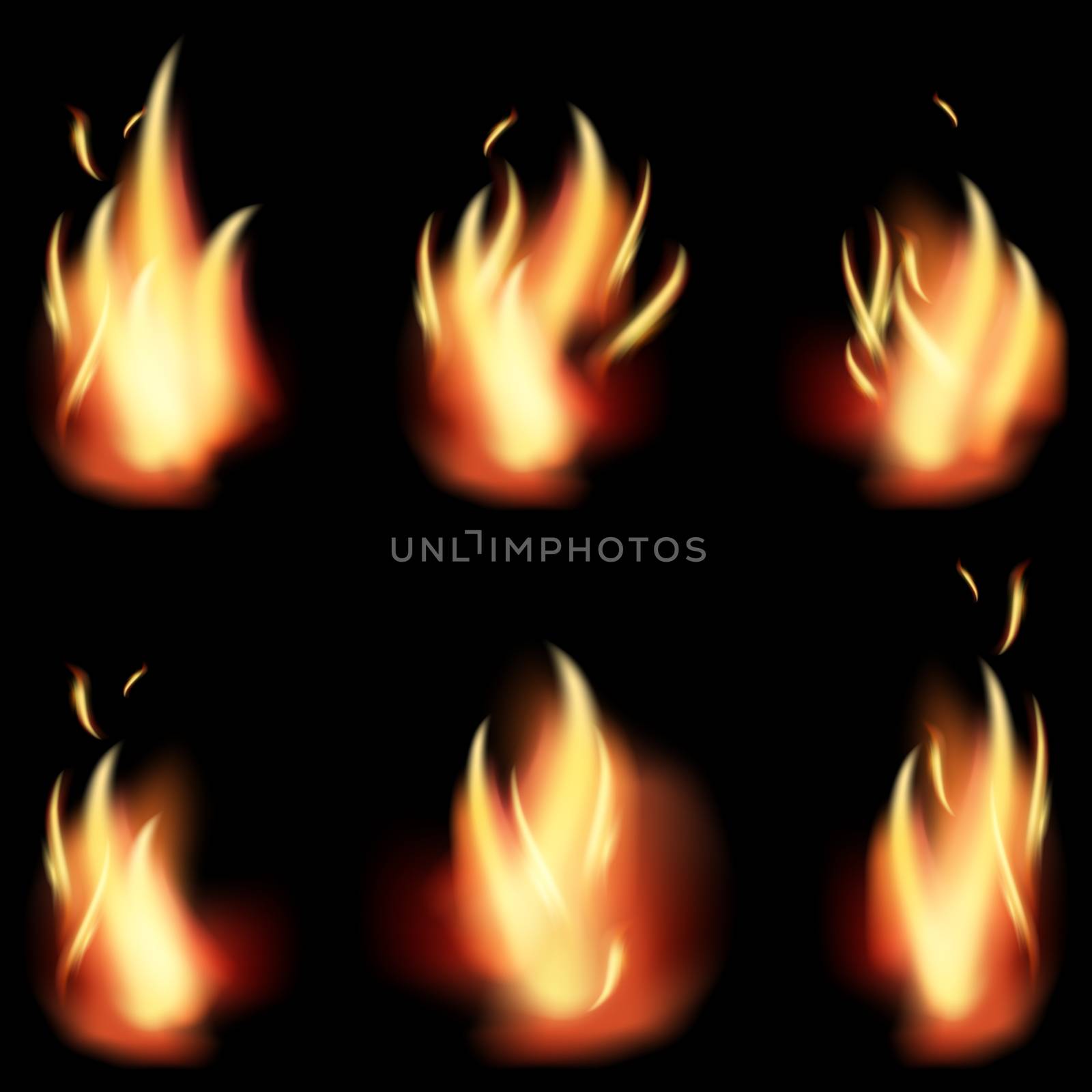 fire flame set on black background.