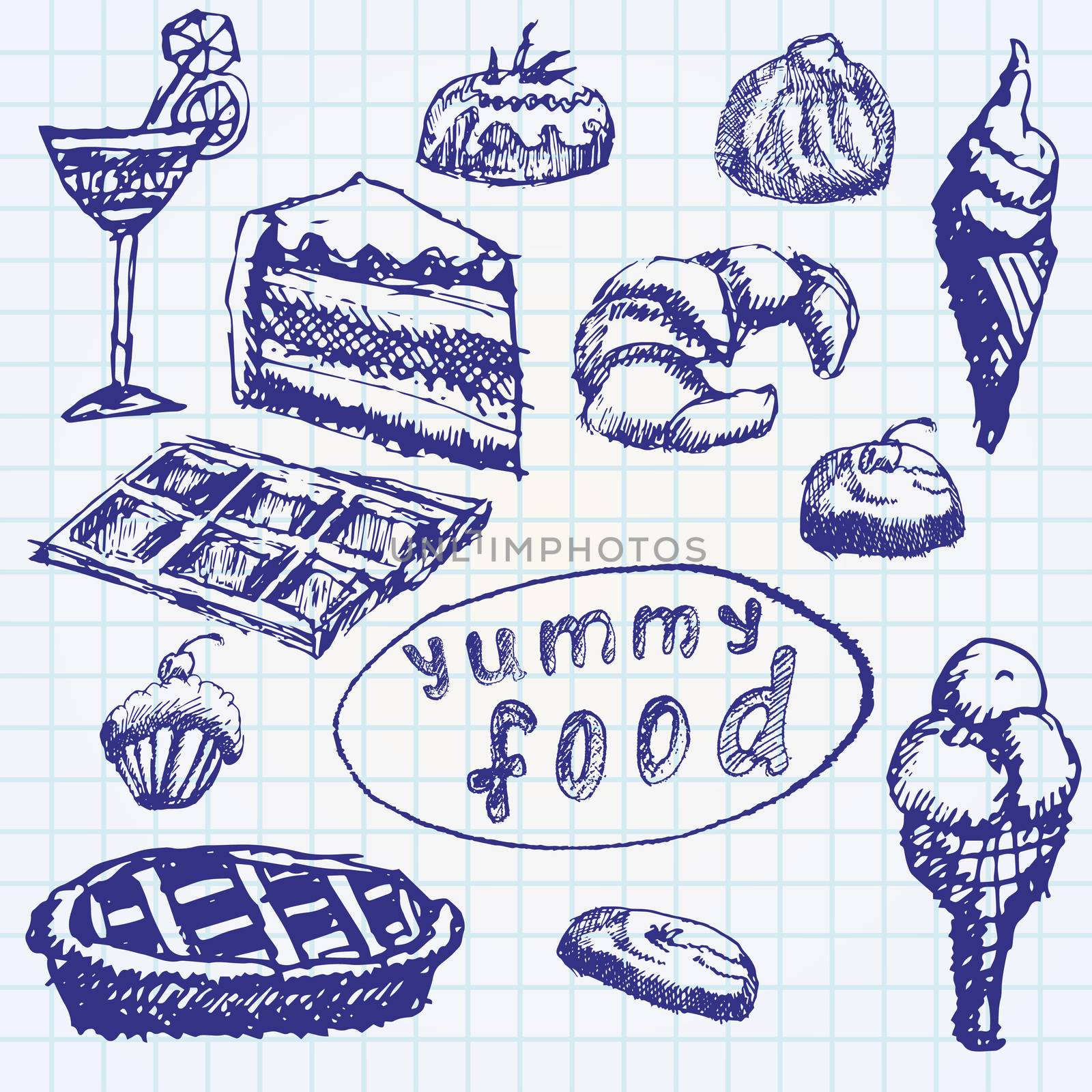 Food deserts set sketch handdrawn on notebook paper.