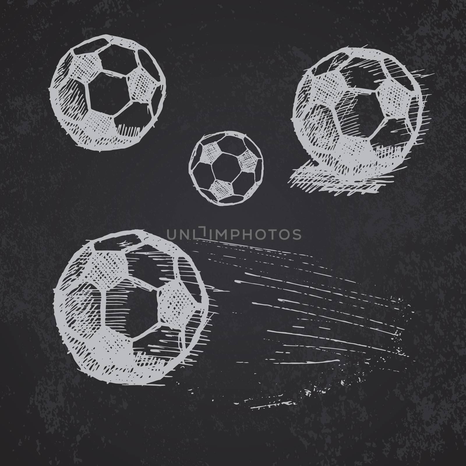 Football soccer ball sketch set on blackboard.
