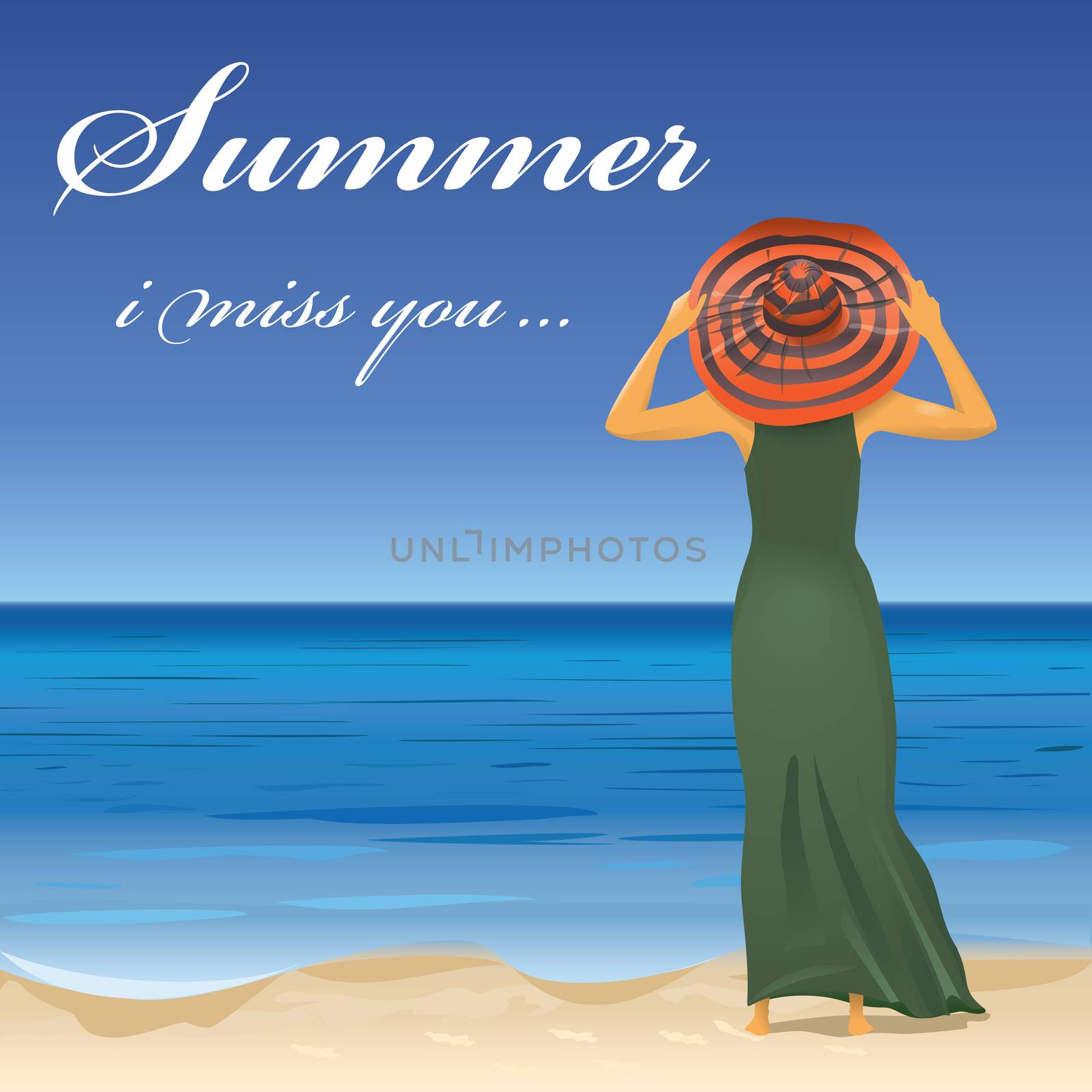 woman standing on beach in hat text summer i miss you.