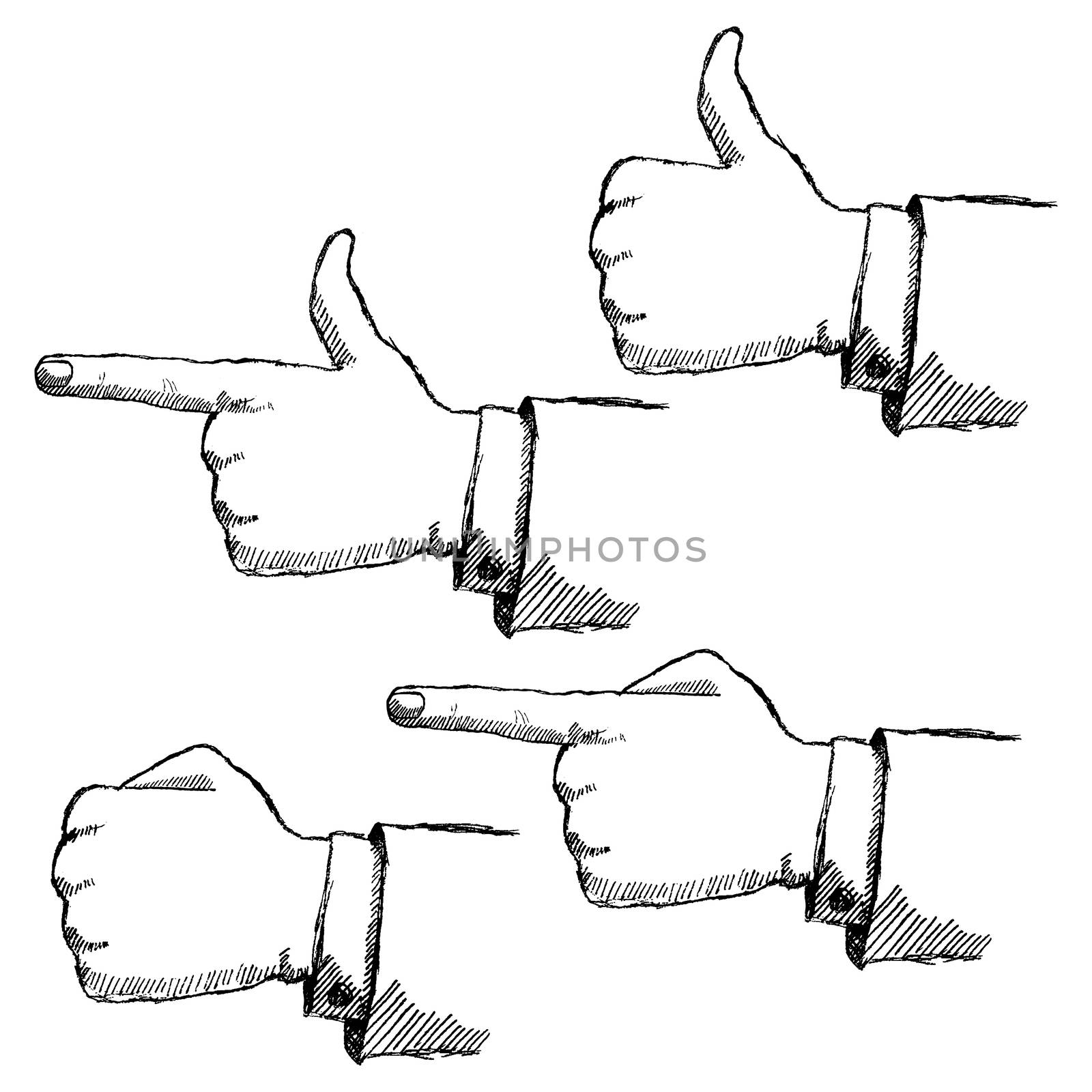 Handdrawn sketch hands set isolated on white background.