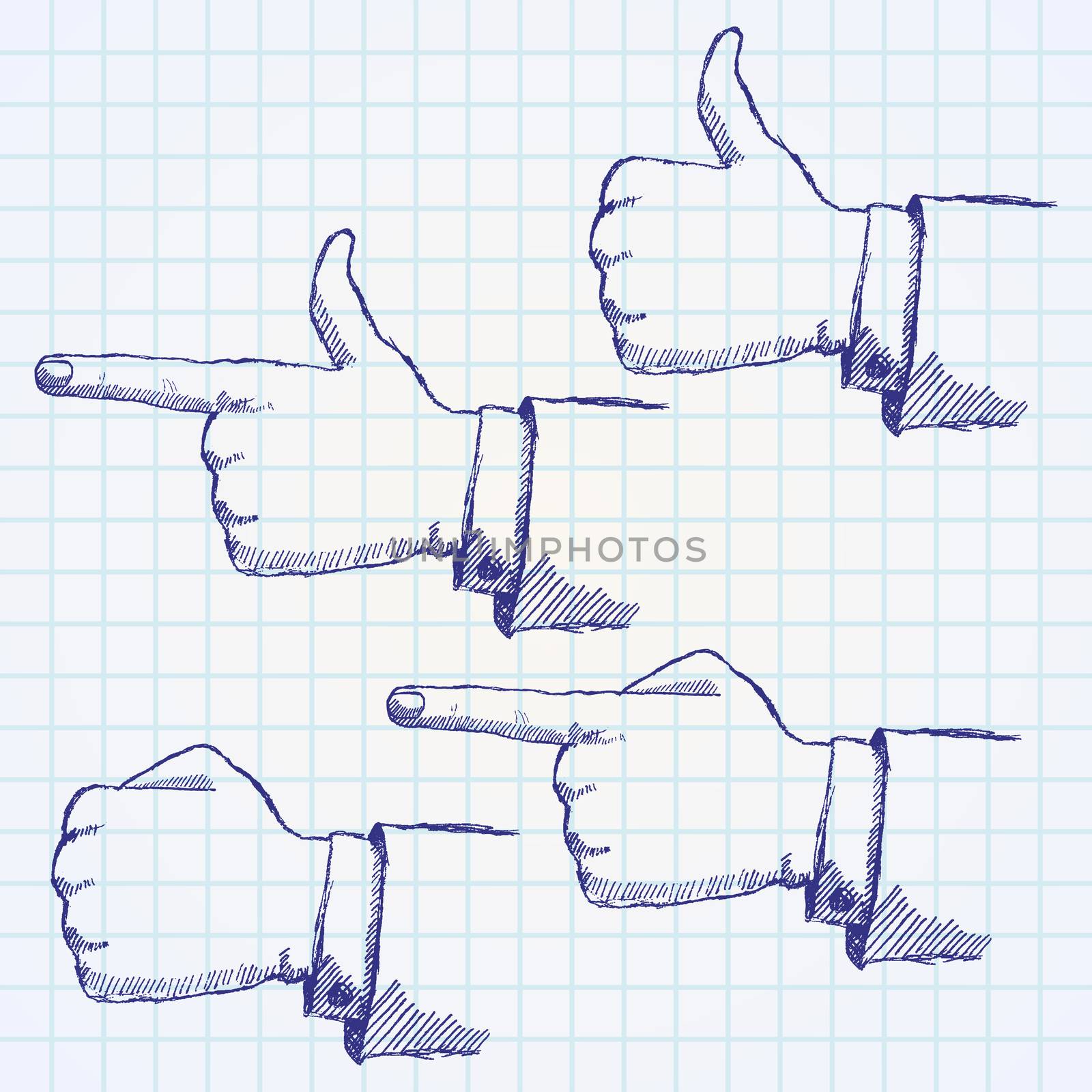 Handdrawn sketch hands set on paper notebook