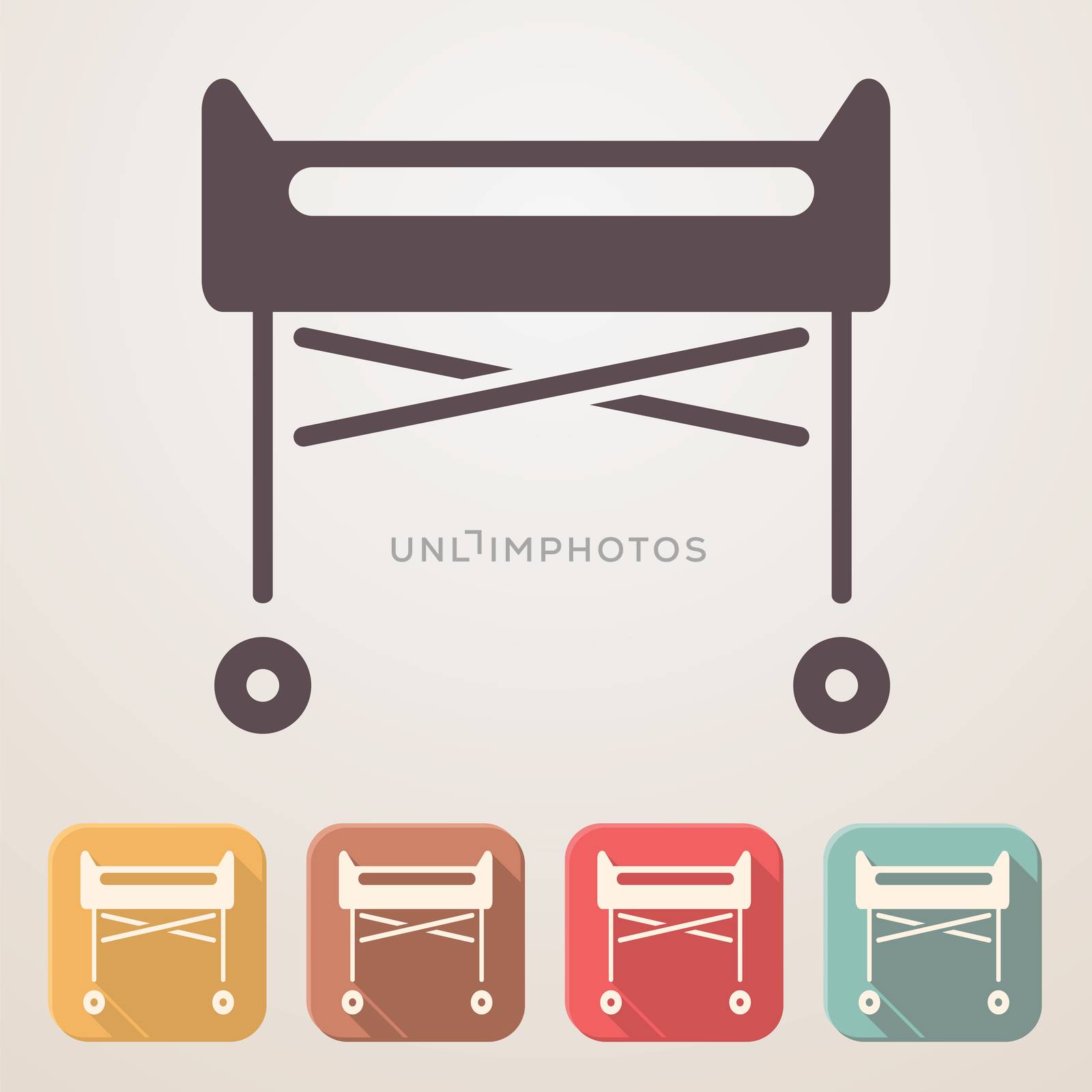 Hospital crib flat icon set in color boxes with shadow.