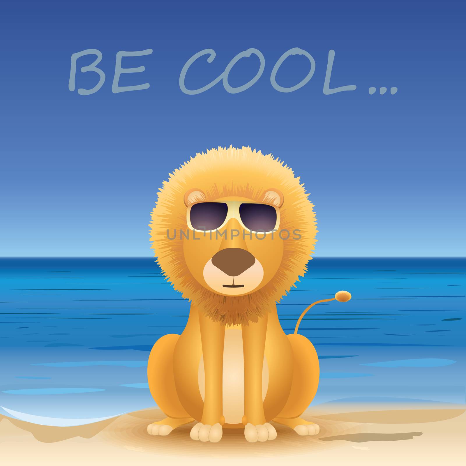 Cartoon lion sitting on beach, text Be cool.