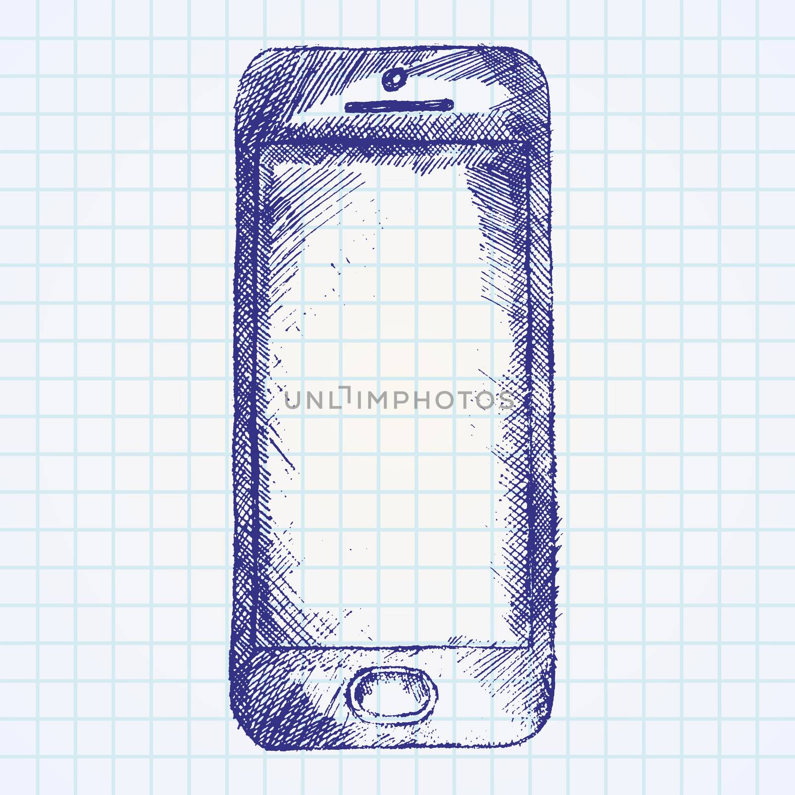 Handdrawn sketch of mobile phone front on paper notebook.