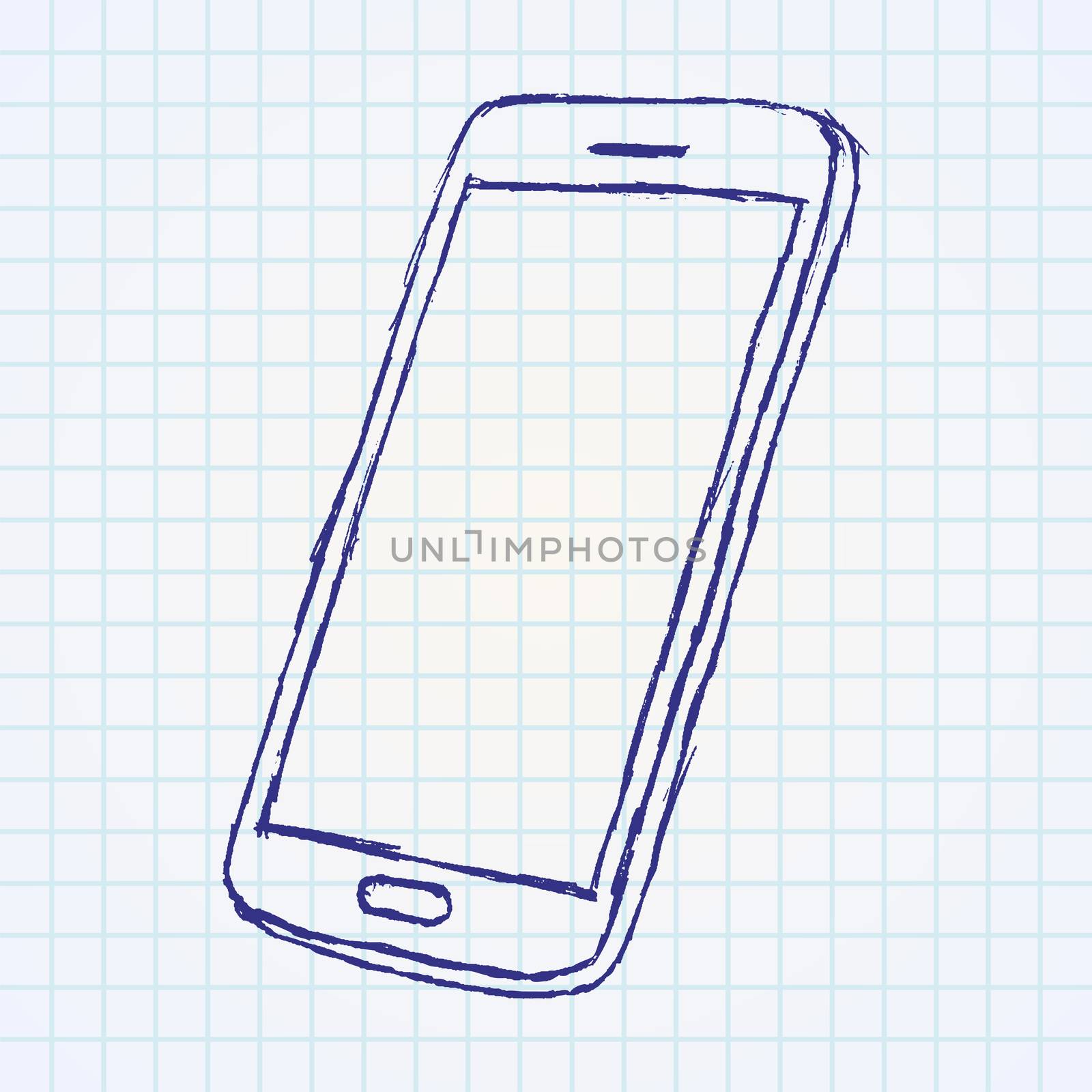 Handdrawn sketch of mobile phone outlined on paper notebook.