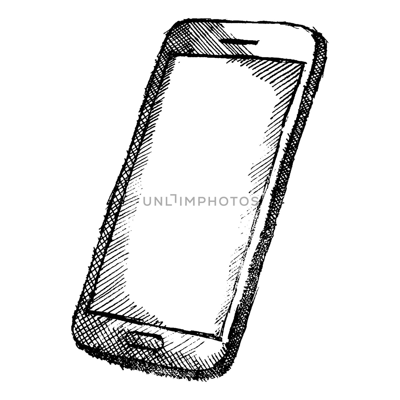 Handdrawn sketch of mobile phone with shadow isolated on white background.