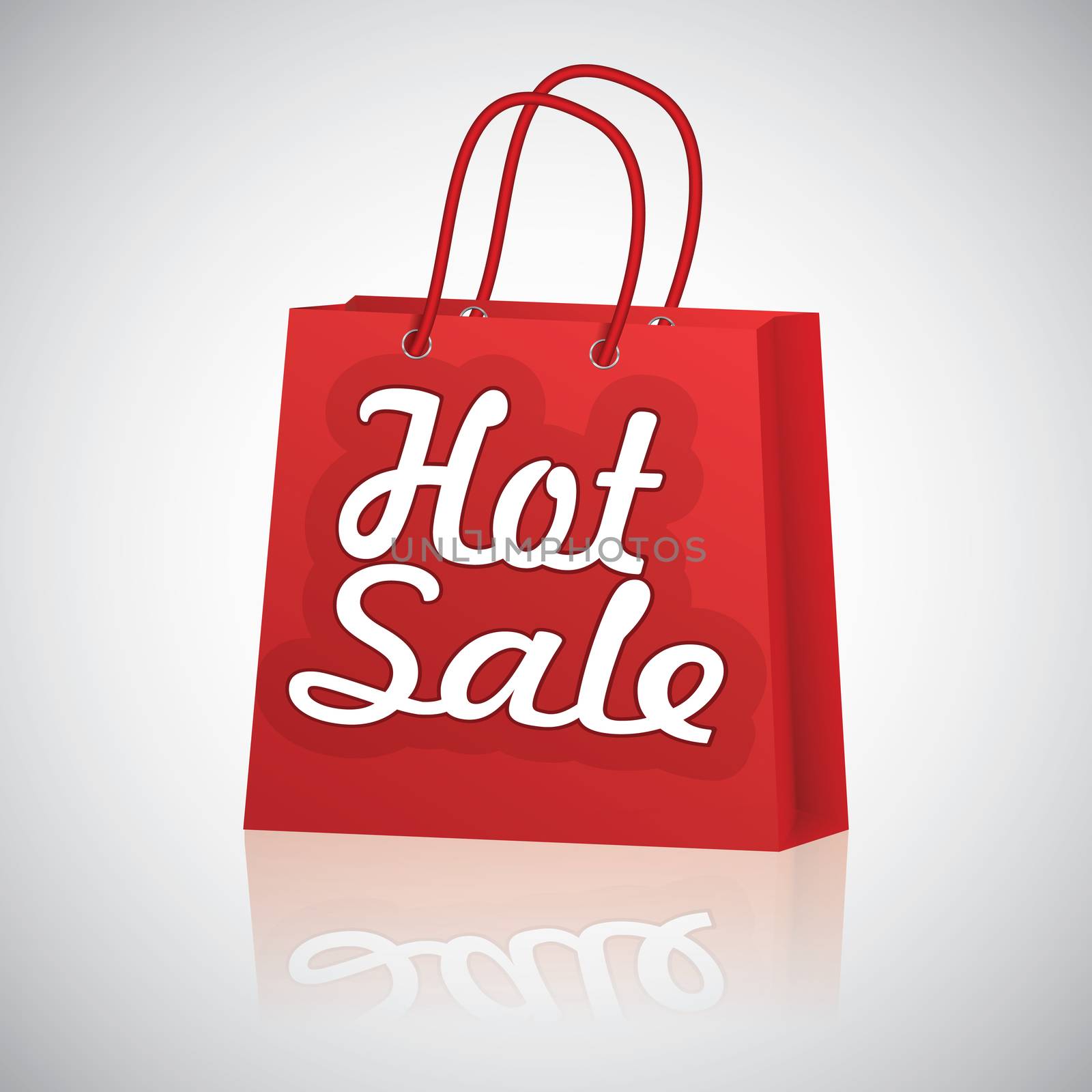 Realistic red shopping bag rope handles, text hot sale with raflaction on grey glossy background.