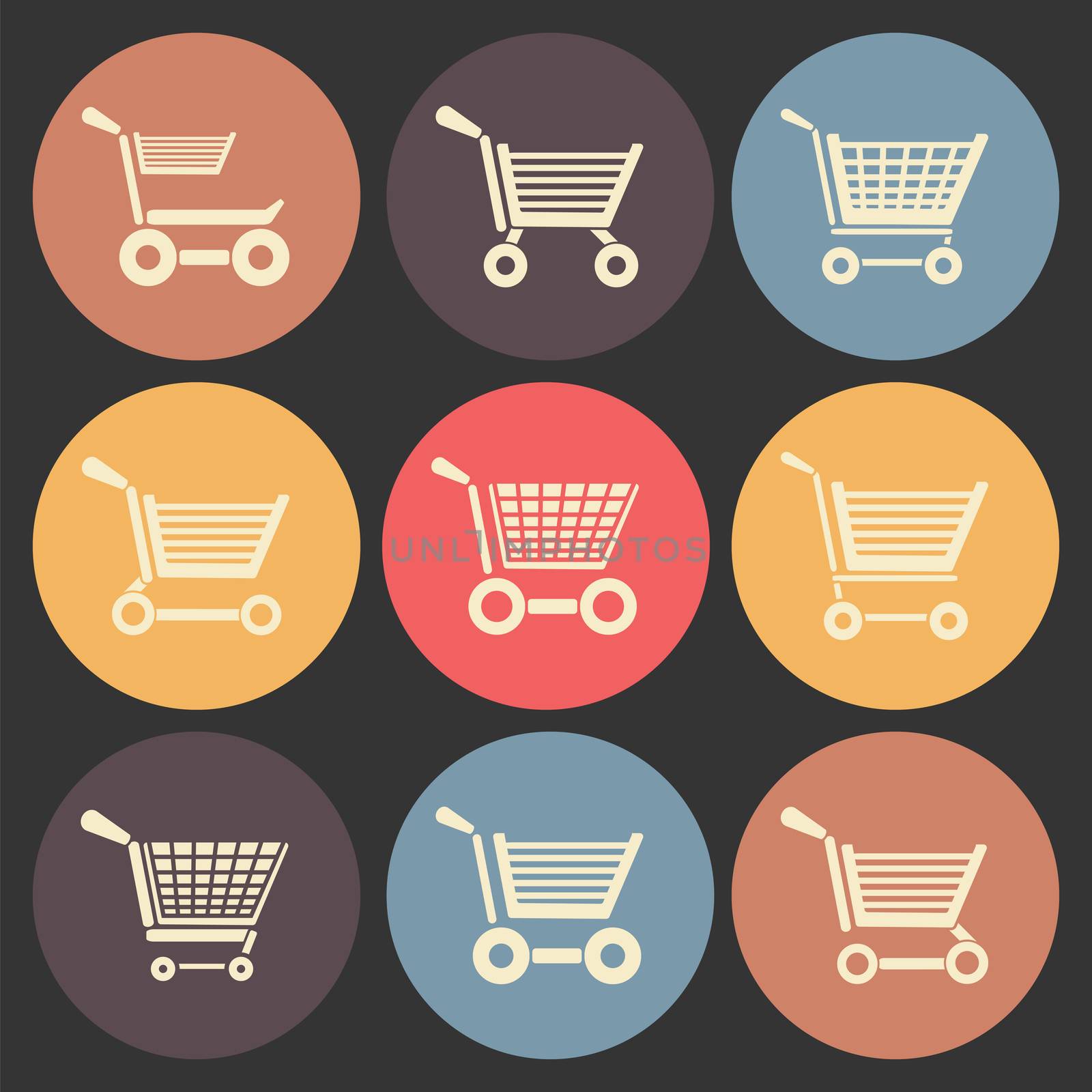 shoping cart flat icon set in color circles.