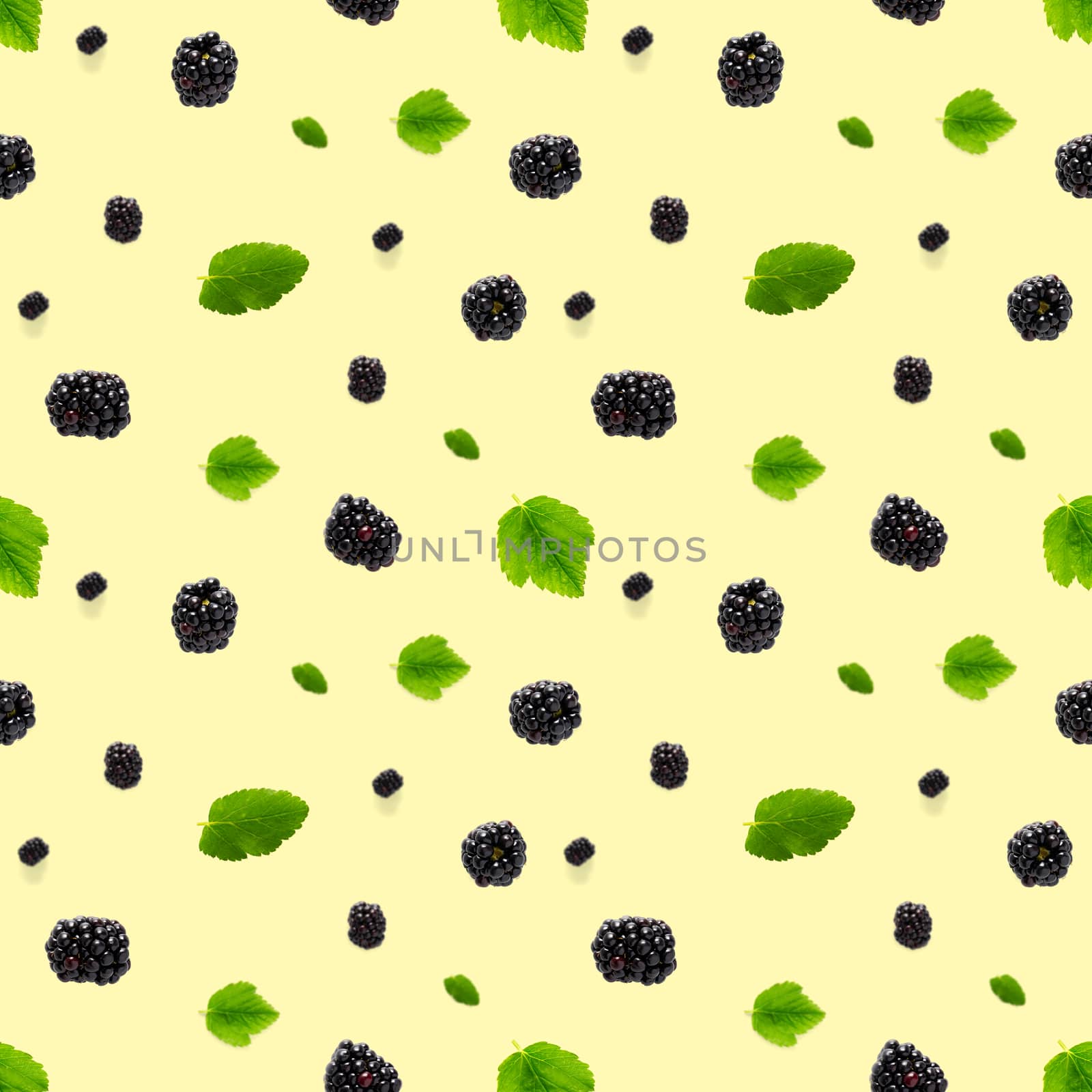 Bramble Seamless pattern. Fresh blackberry seamless pattern. Square pattern with fresh wild berries isolated on yellow background. flat lay.