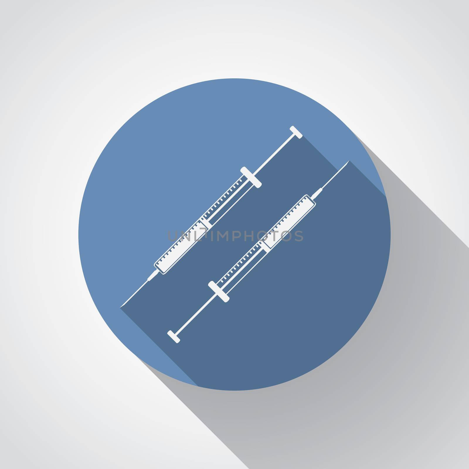 insulin syringe flat icon with long shadow on blue.