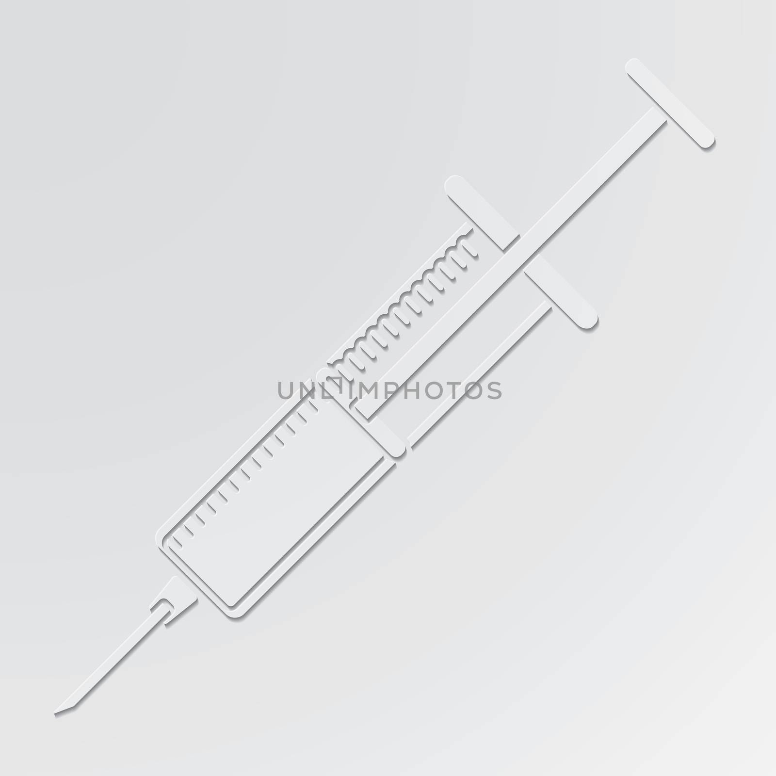 syringe cut out of paper style on gray background.