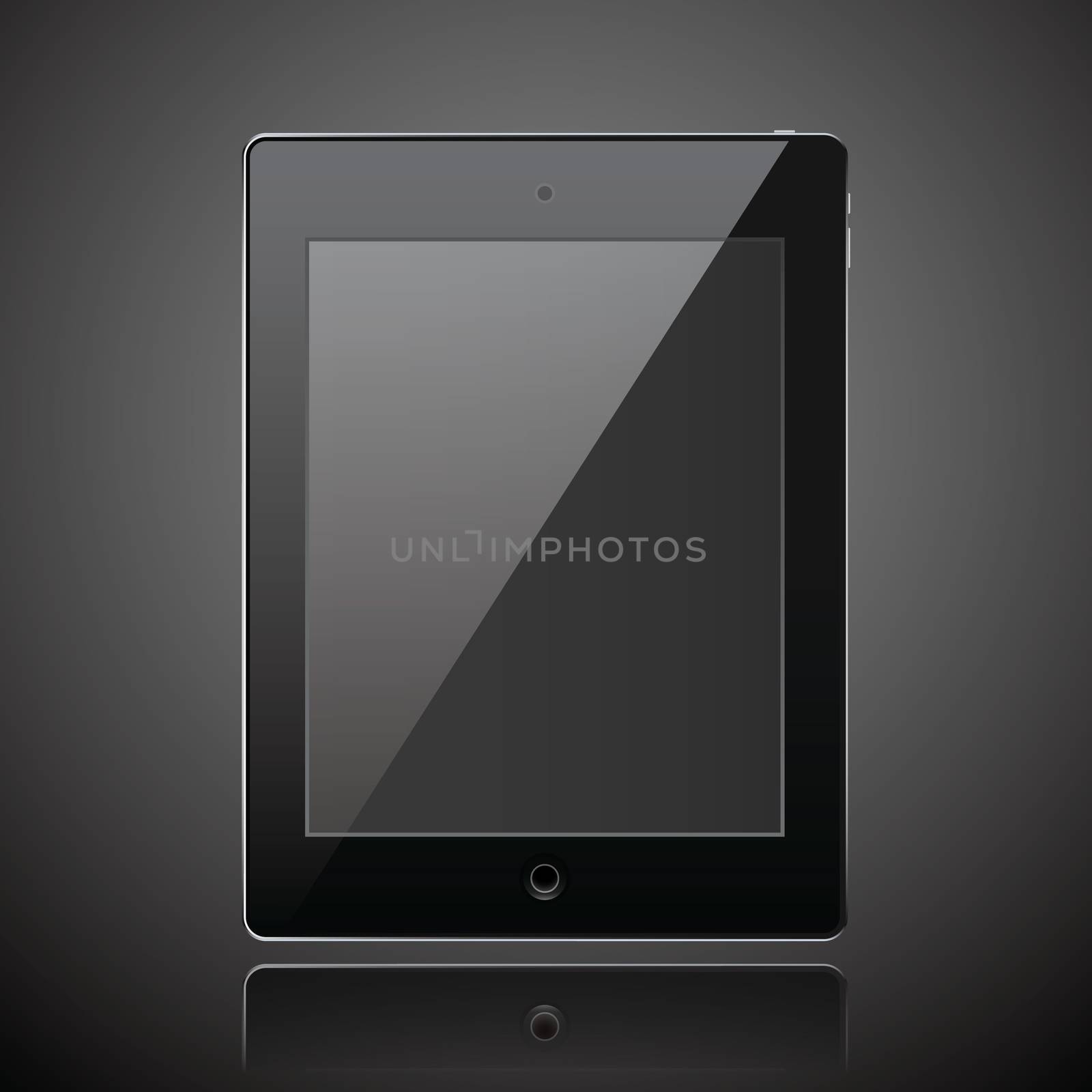 New realistic tablet modern style dark background with raflection.