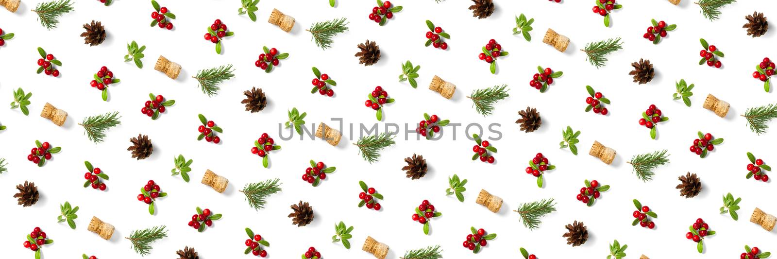 christmas background with pine cone, wine cork, pine twig and lingonberry. christmas background on white backdrop. by PhotoTime