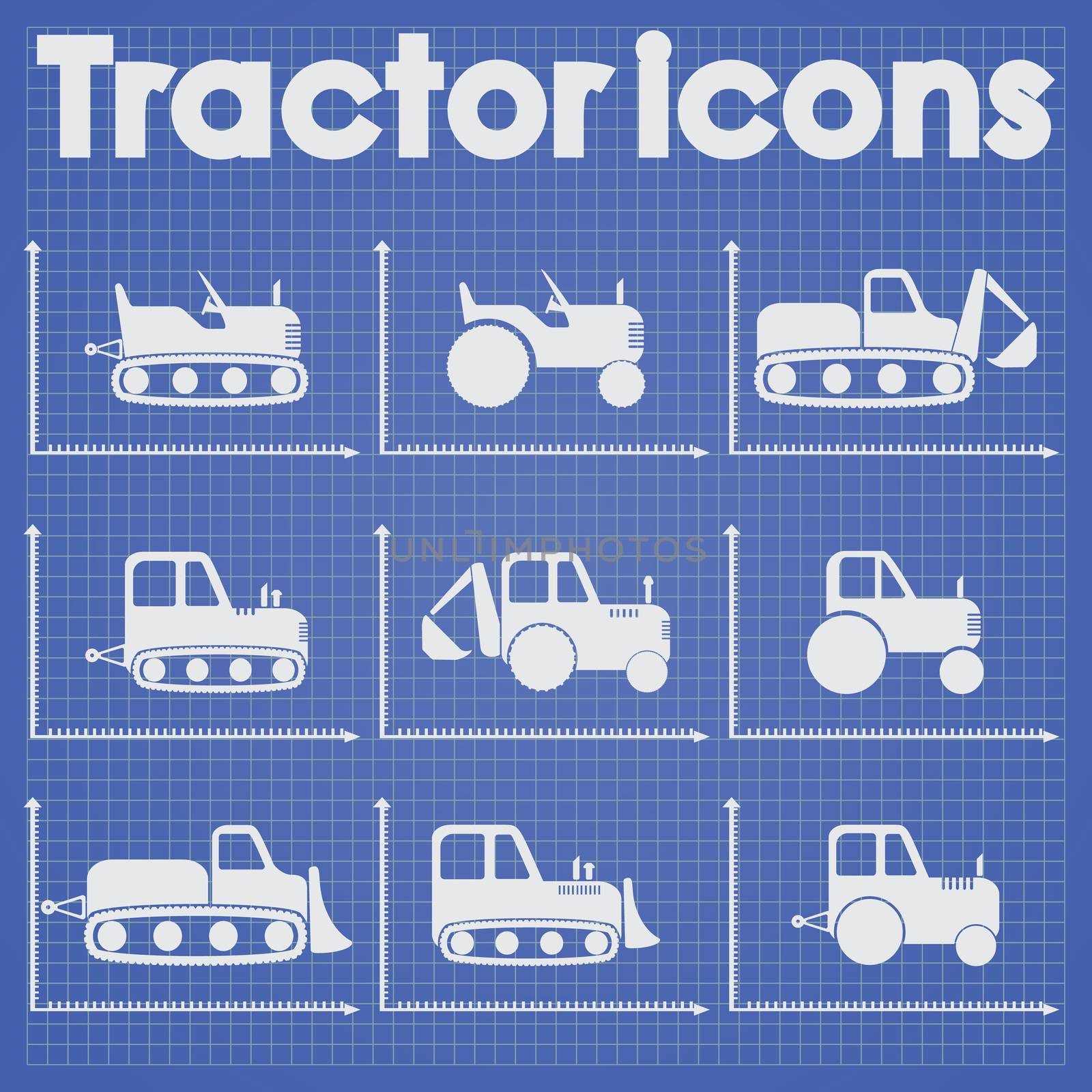 Various Tractor and Construction Machinery Icon set blueprint stylized.