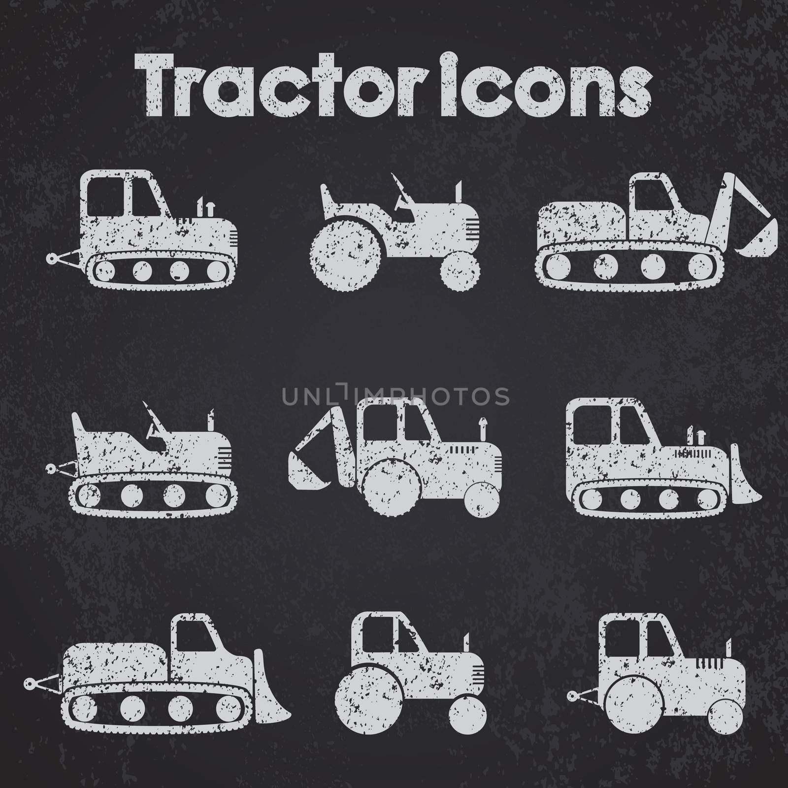 Various Tractor and Construction Machinery Icon set blackboard stylized.