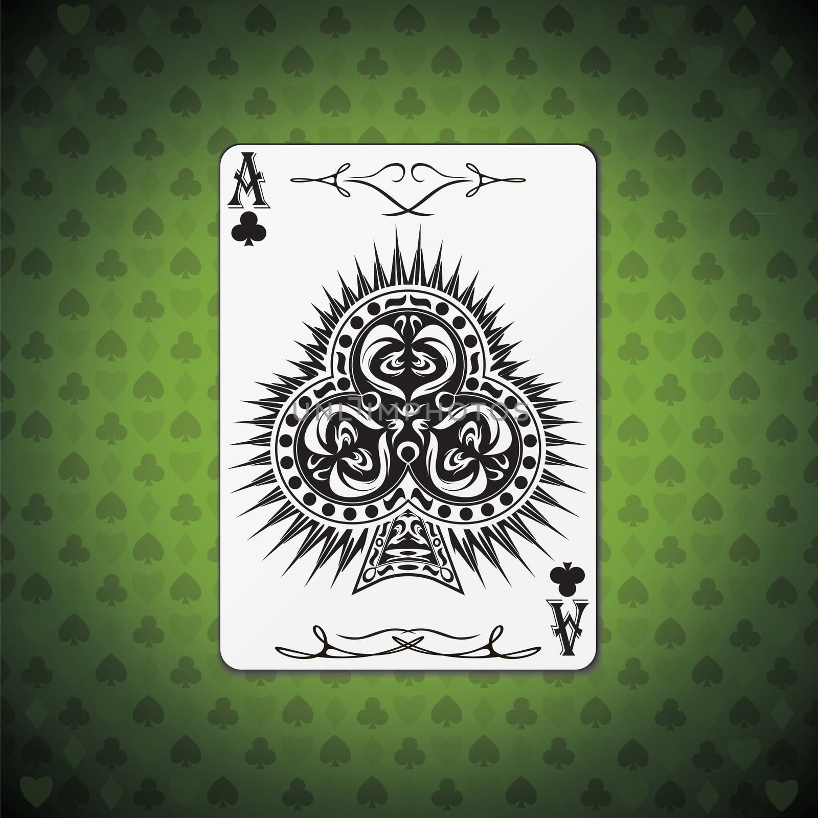 Ace of clubs poker card green background.