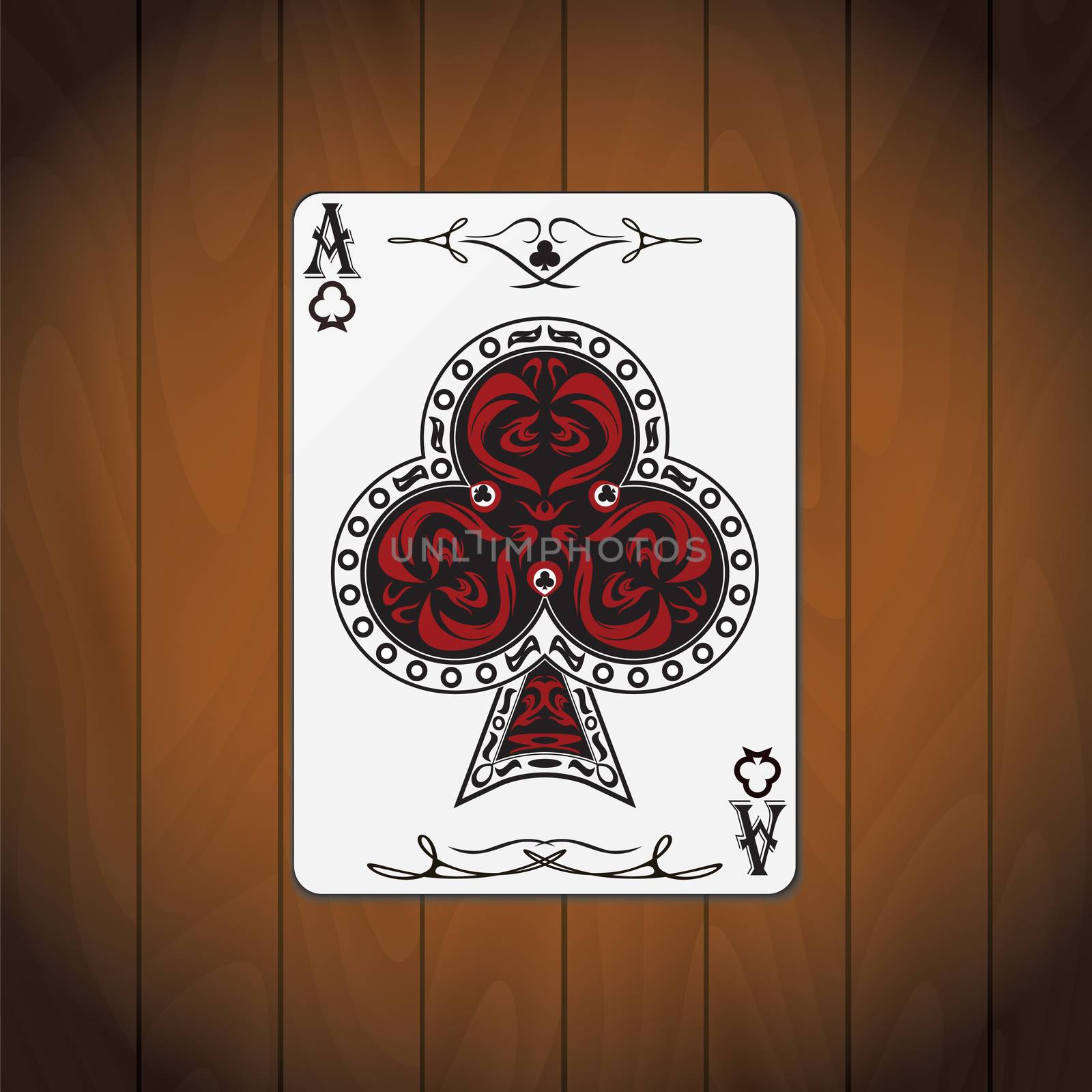 Ace of clubs poker card varnished wood background.