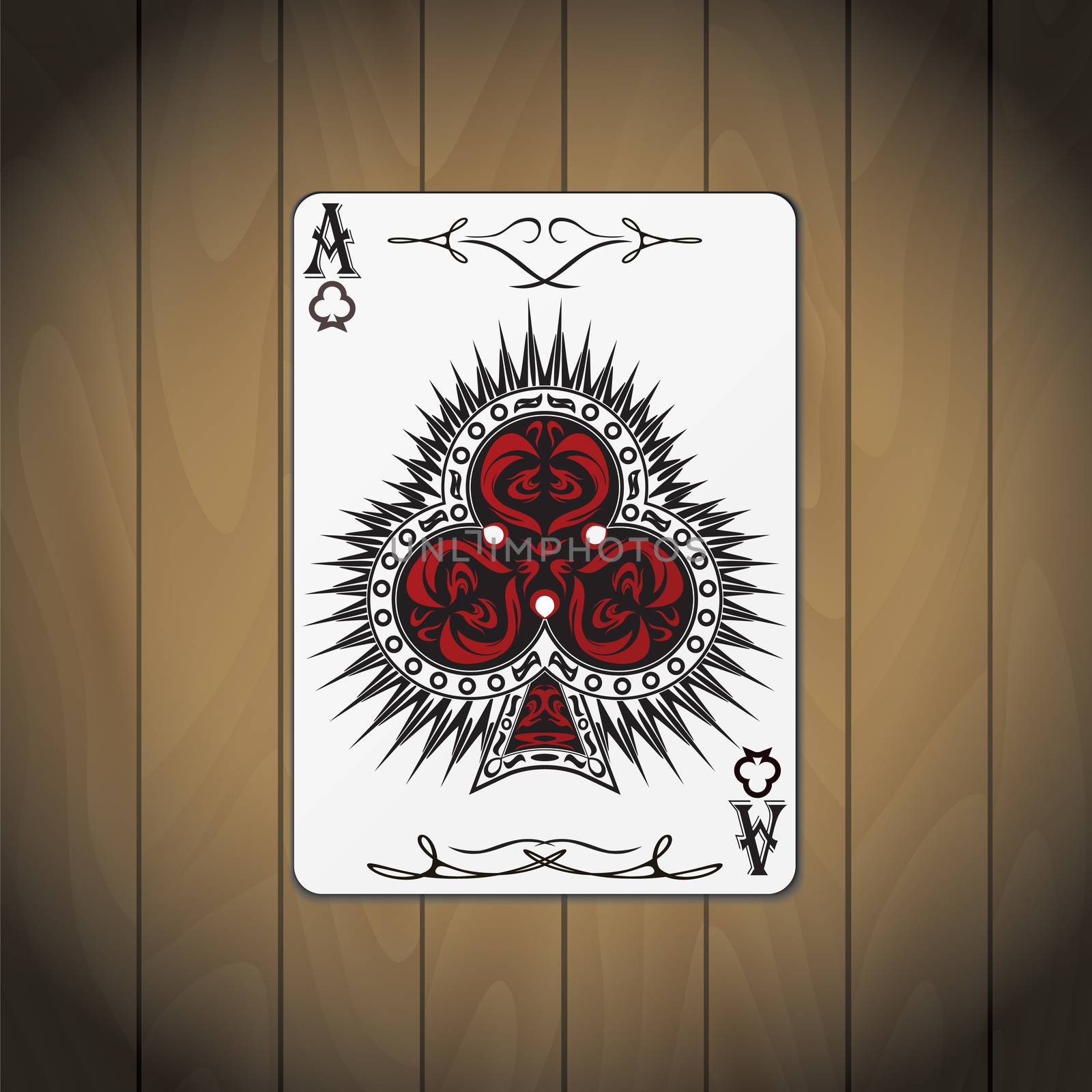 Ace of clubs poker card wood background.