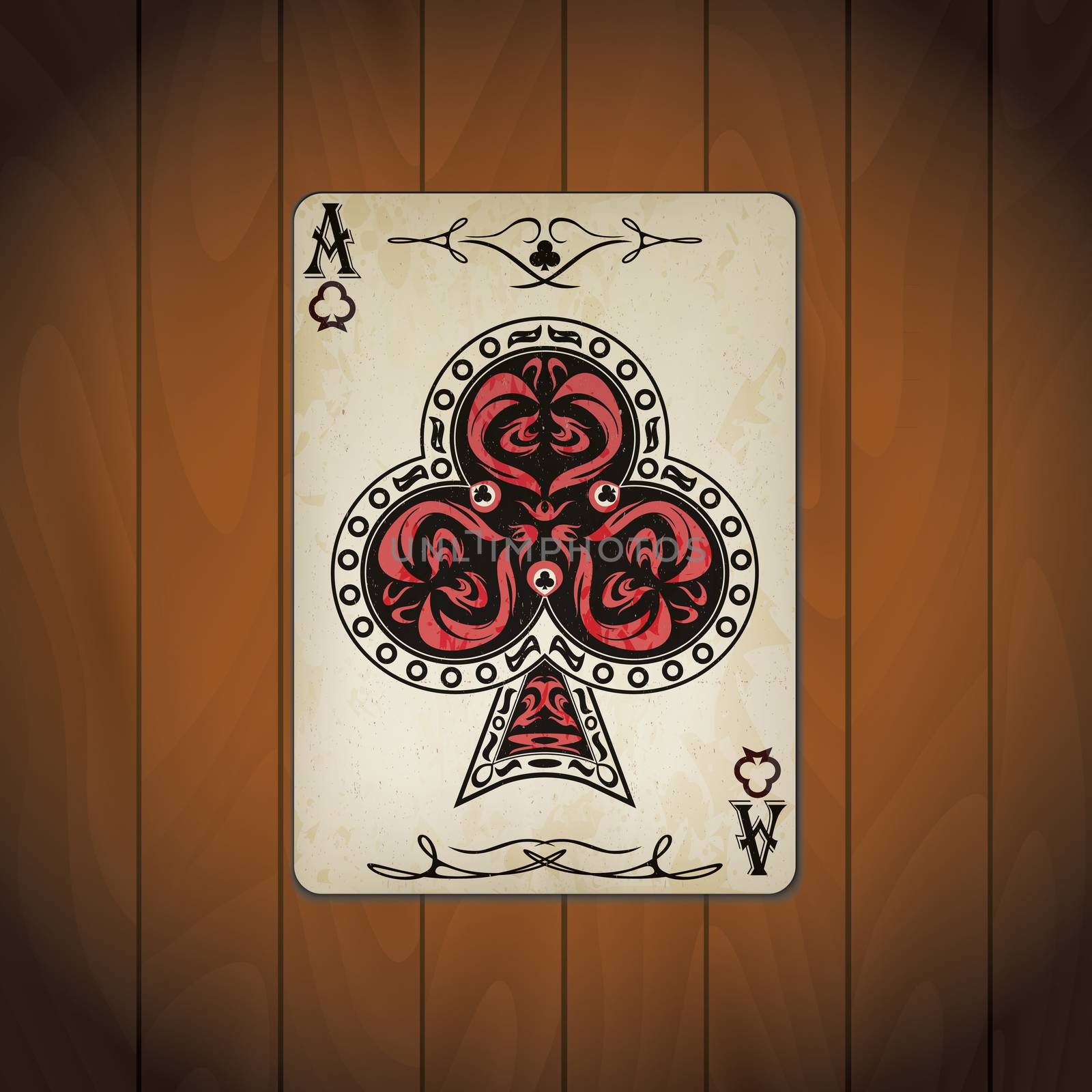 Ace of clubs poker cards old look varnished wood background.