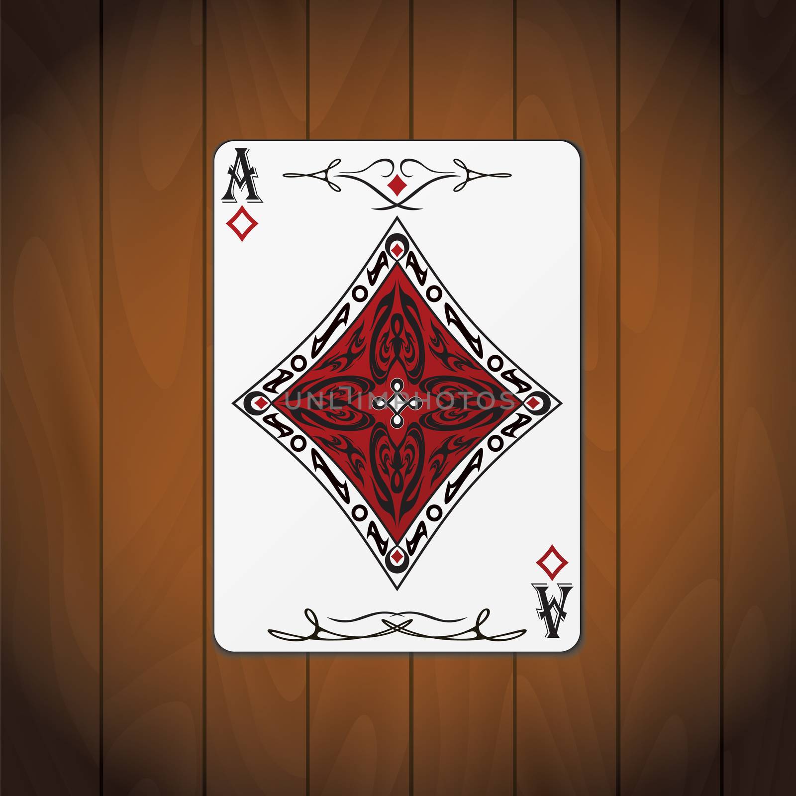 Ace of diamonds, poker card varnished wood background.