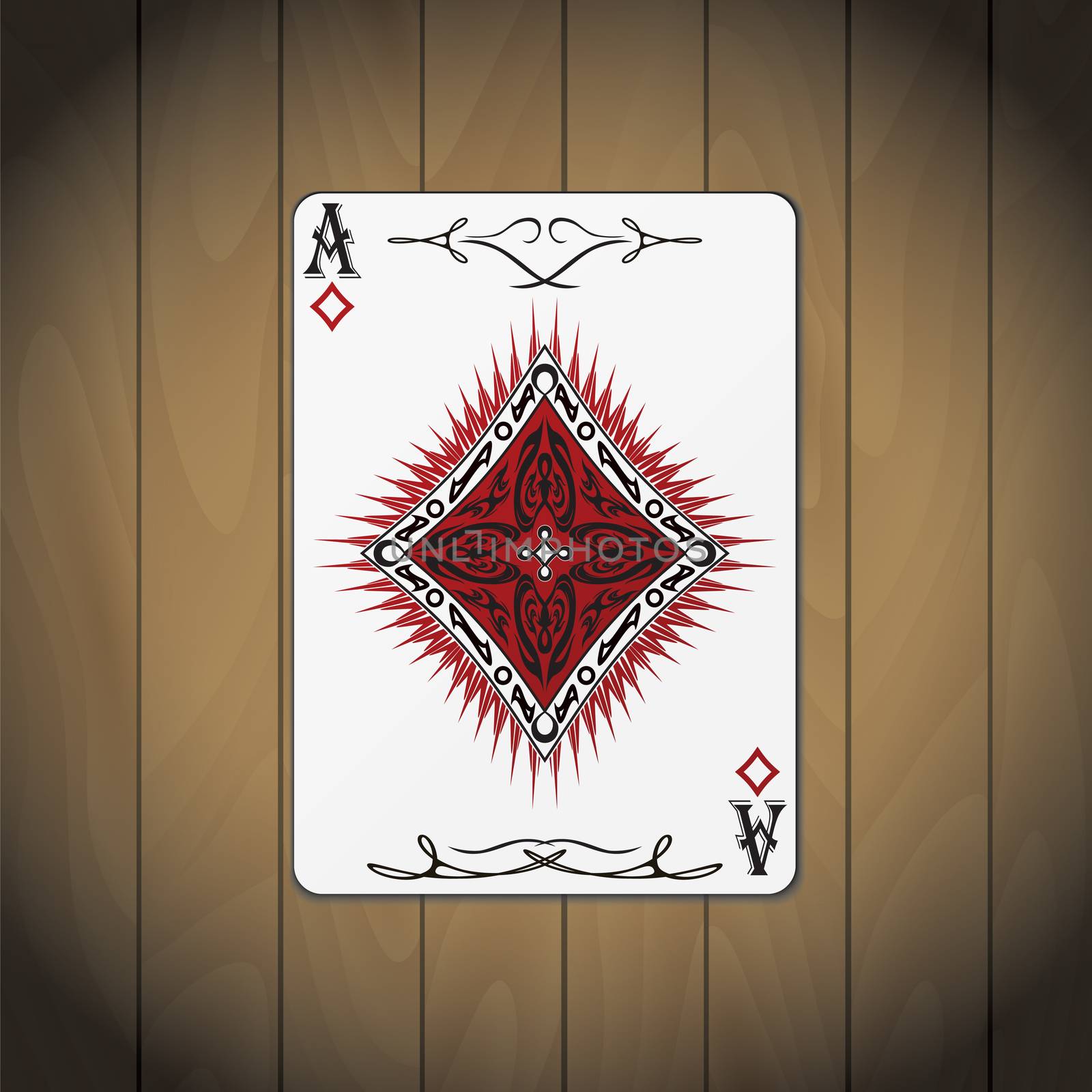 Ace of diamonds, poker card wood background.