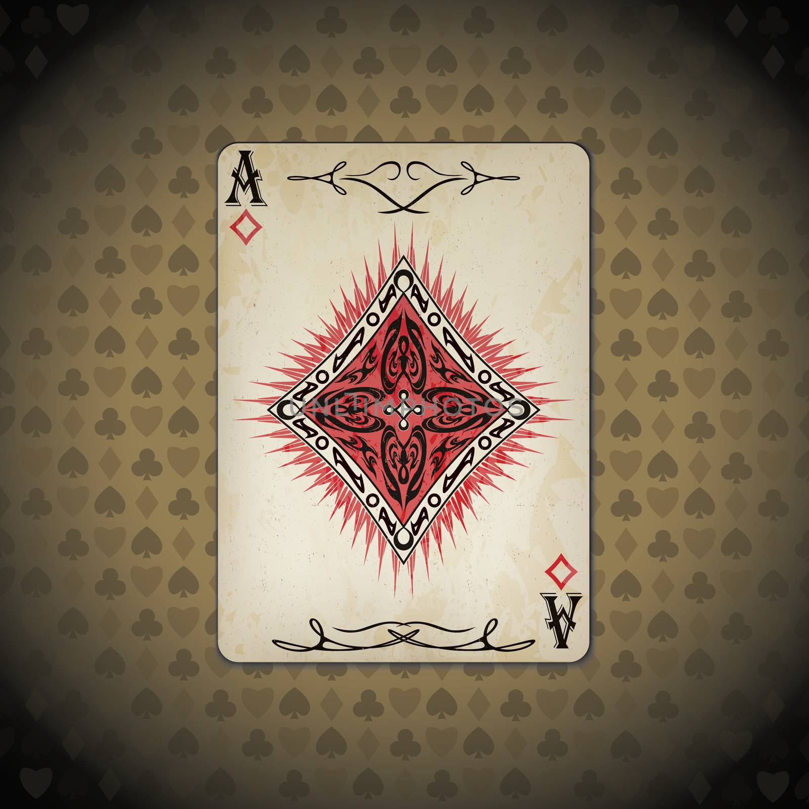 Ace of diamonds, poker cards old look vintage background.