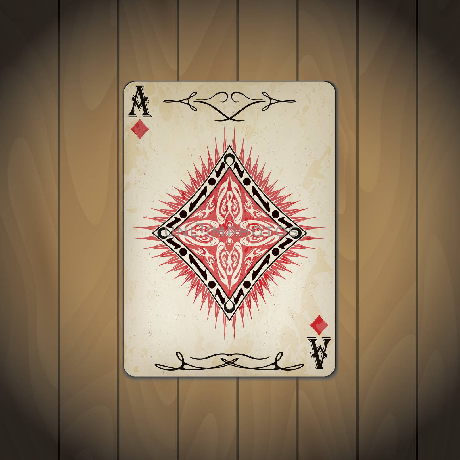 Ace of diamonds, poker cards old look varnished wood background.