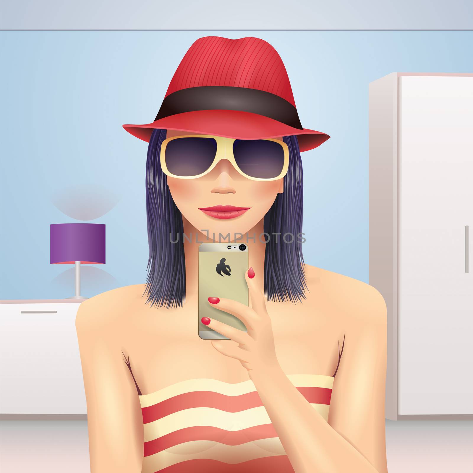 Girl taking self portrait in hat and sunglasses.