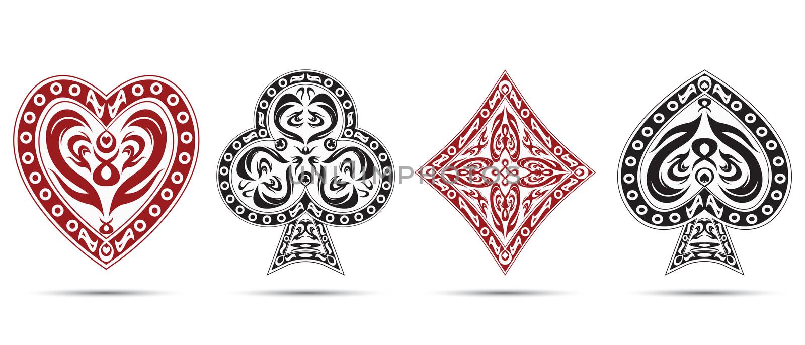spades, hearts, diamonds, clubs poker cards symbols isolated on white background by Lemon_workshop