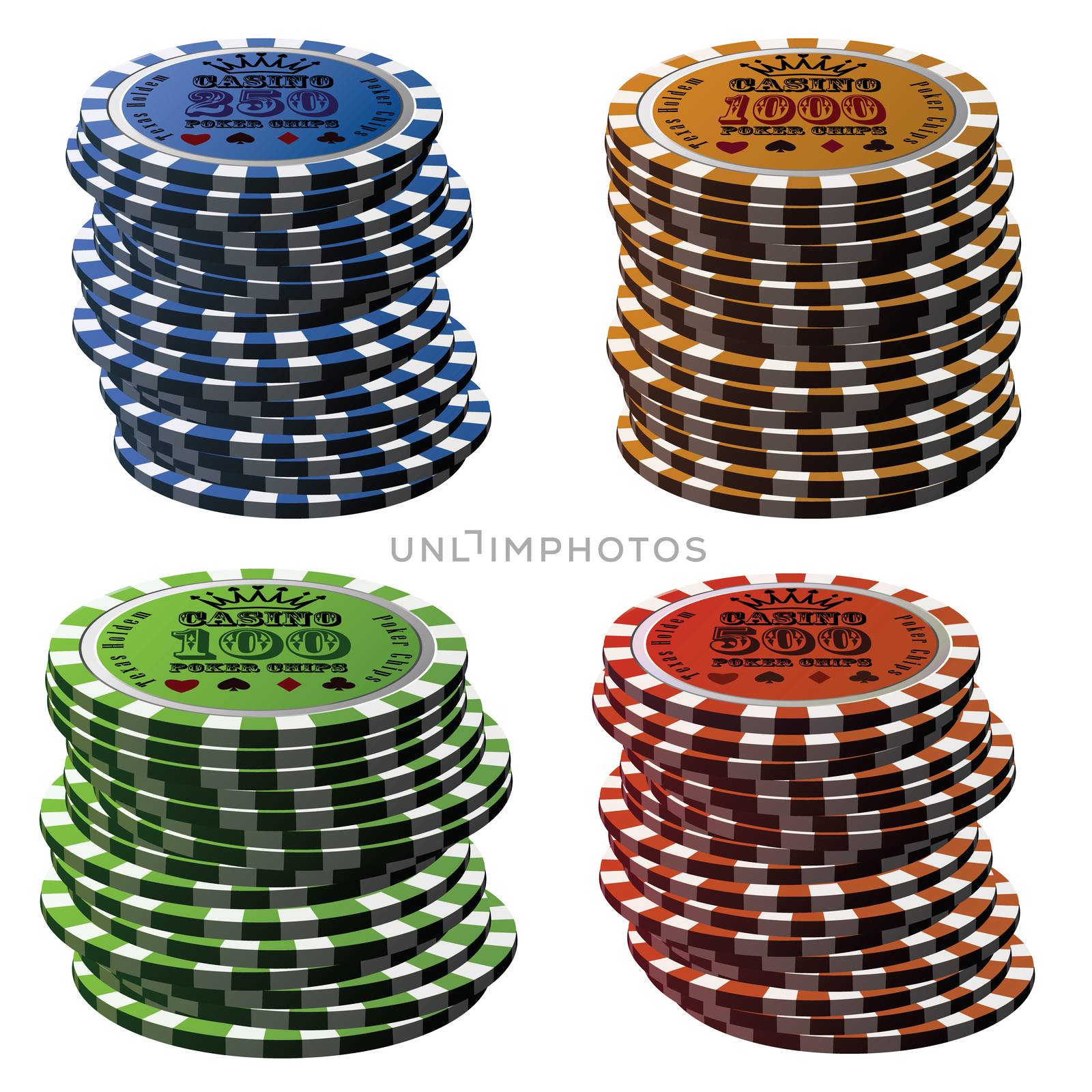 Poker chips column set isolated on white background.