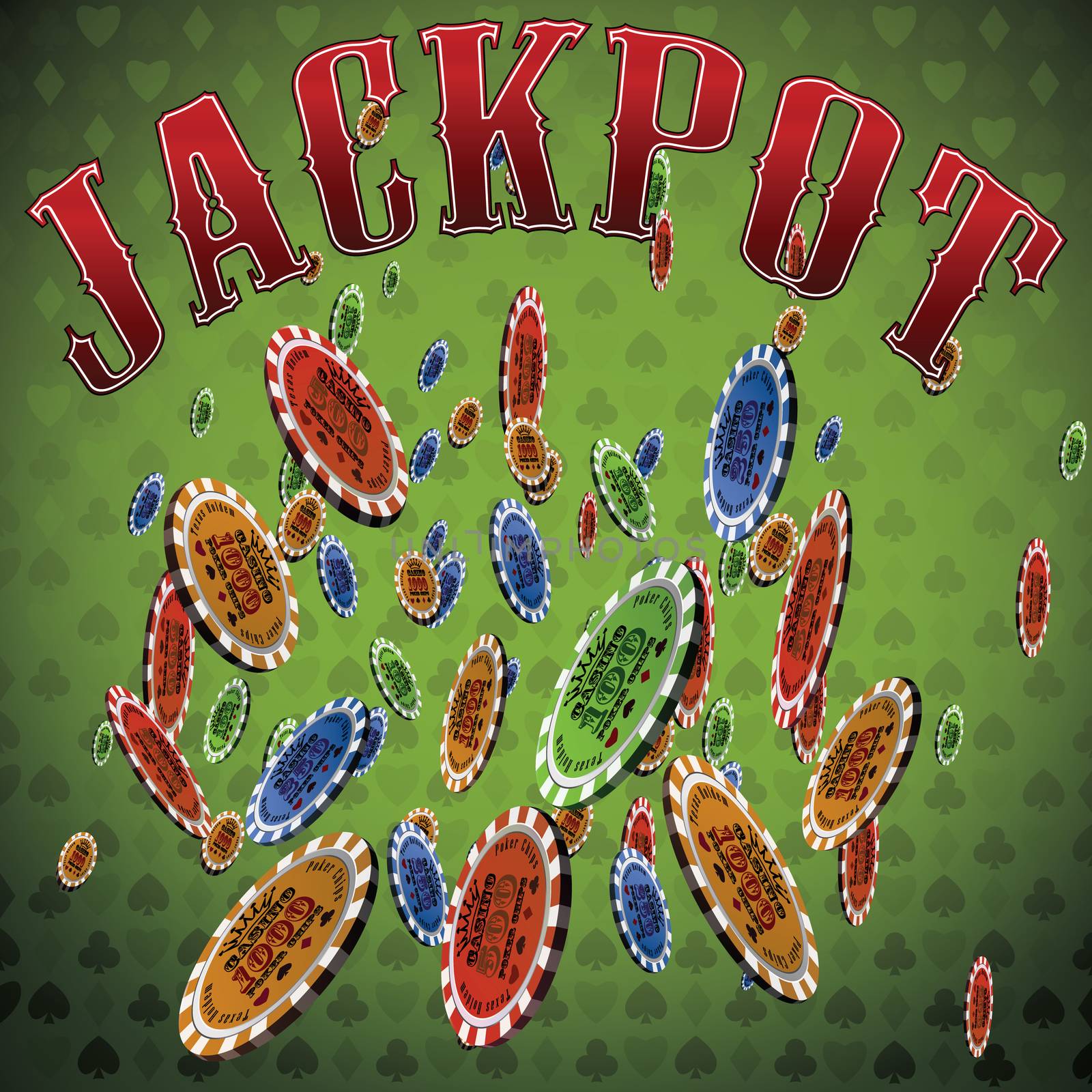Poker chips many falling green background text Jackpot.