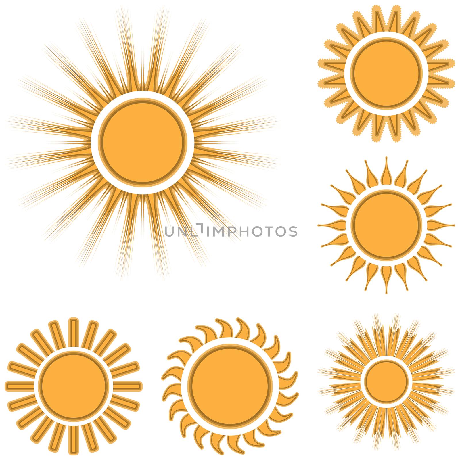 Different sun icons set isolated on white background.